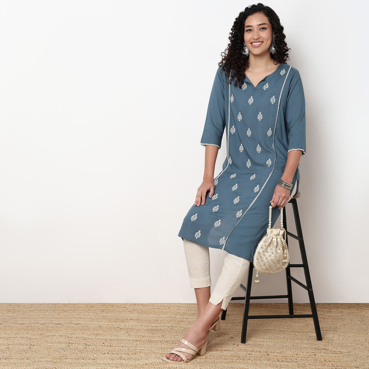 Round Neck Center Panel With Embroidered Straight Kurta
