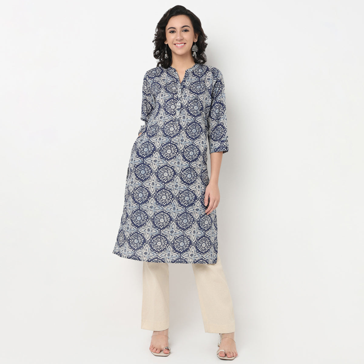 Order Now Women Printed Band Neck Straight Fit Ethnic Wear Kurta by Style Union
