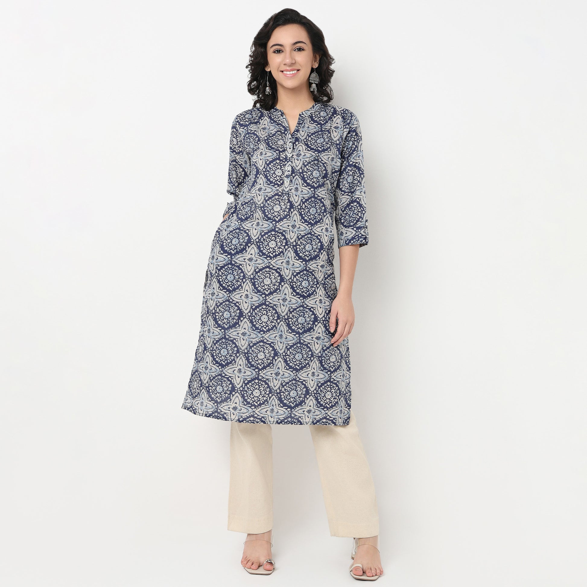 Order Now Women Printed Band Neck Straight Fit Ethnic Wear Kurta by Style Union