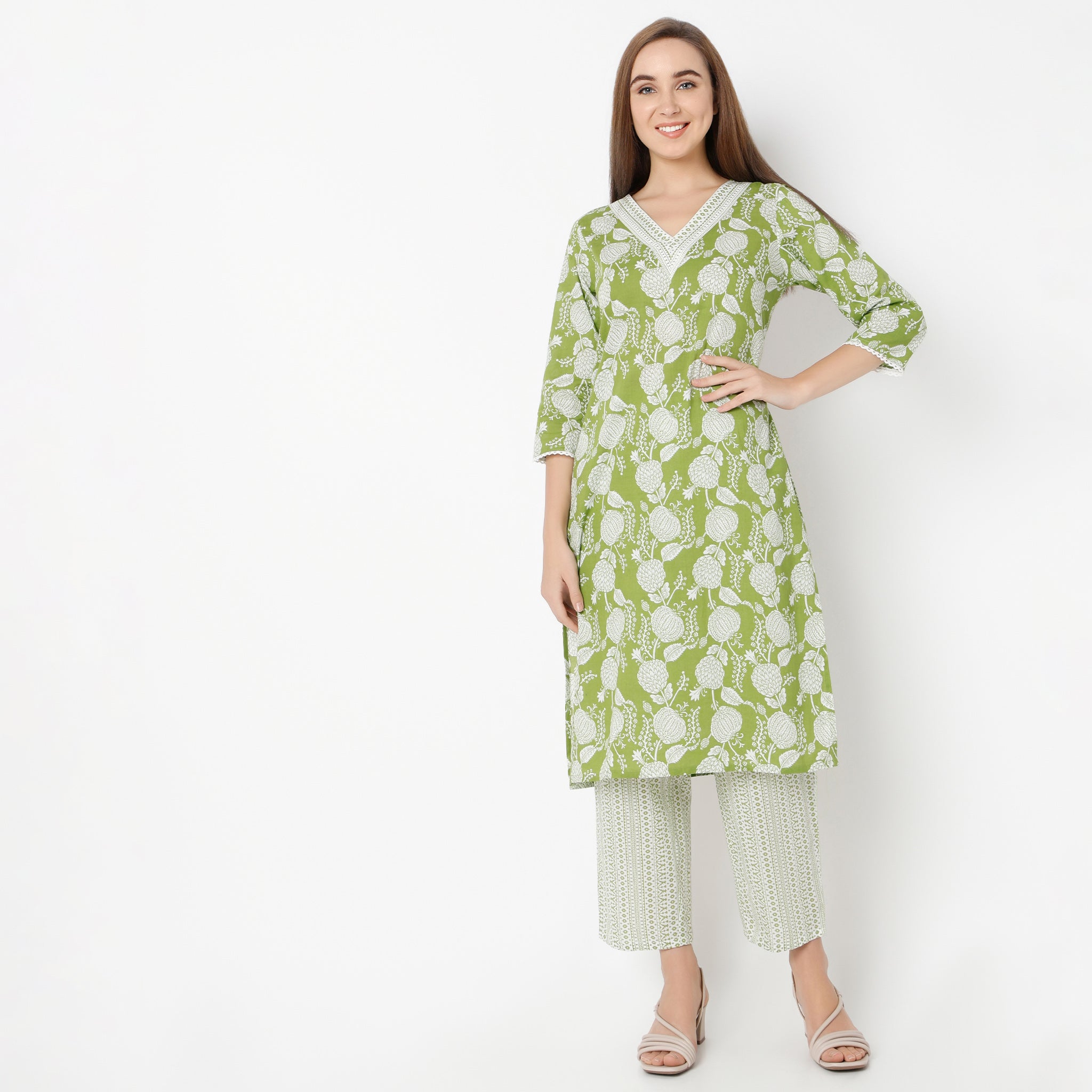 V-Neck Printed Yoke Long Kurta