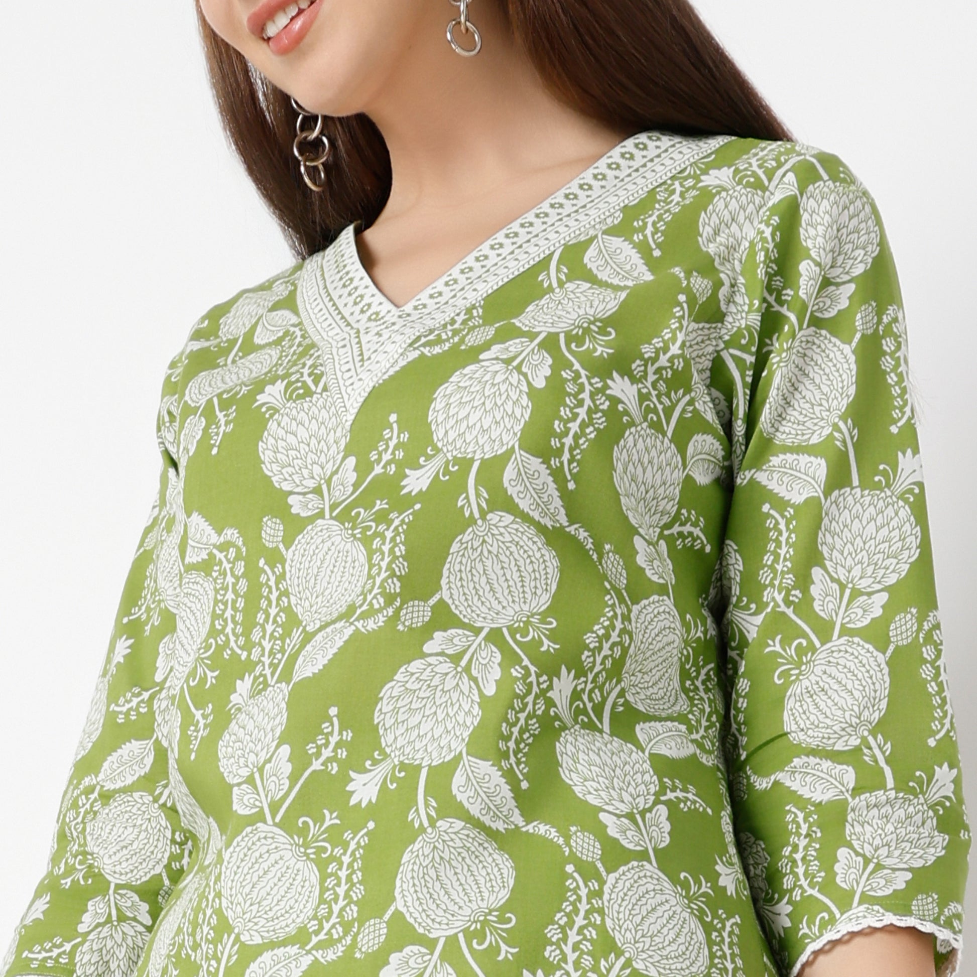 V-Neck Printed Yoke Long Kurta