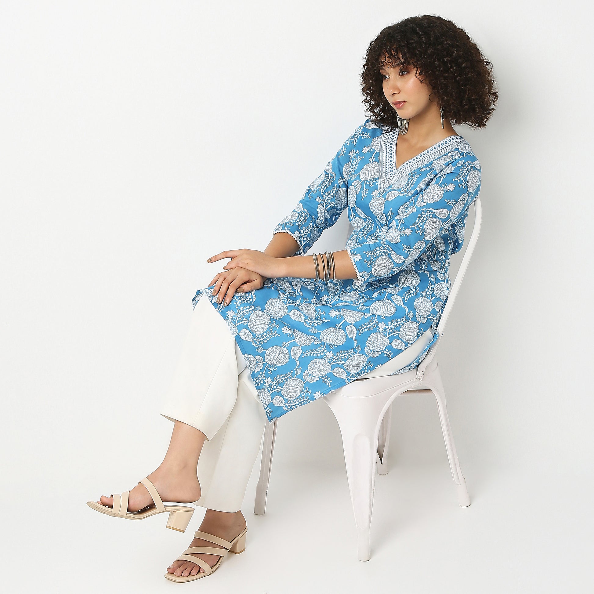 V-Neck Printed Yoke Long Kurta