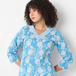 V-Neck Printed Yoke Long Kurta