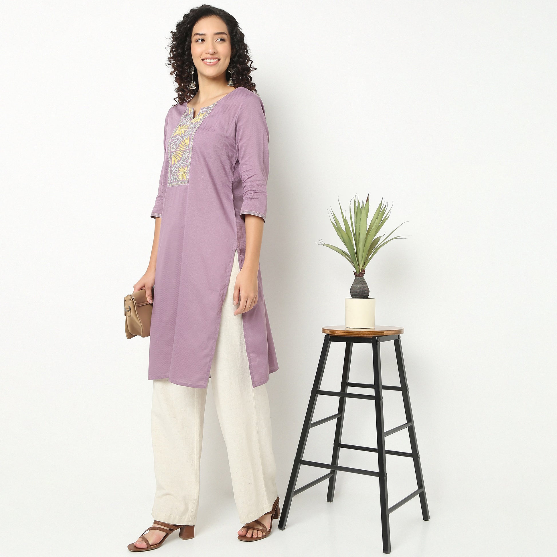 Straight Fit Embroidered Yoke Kurta