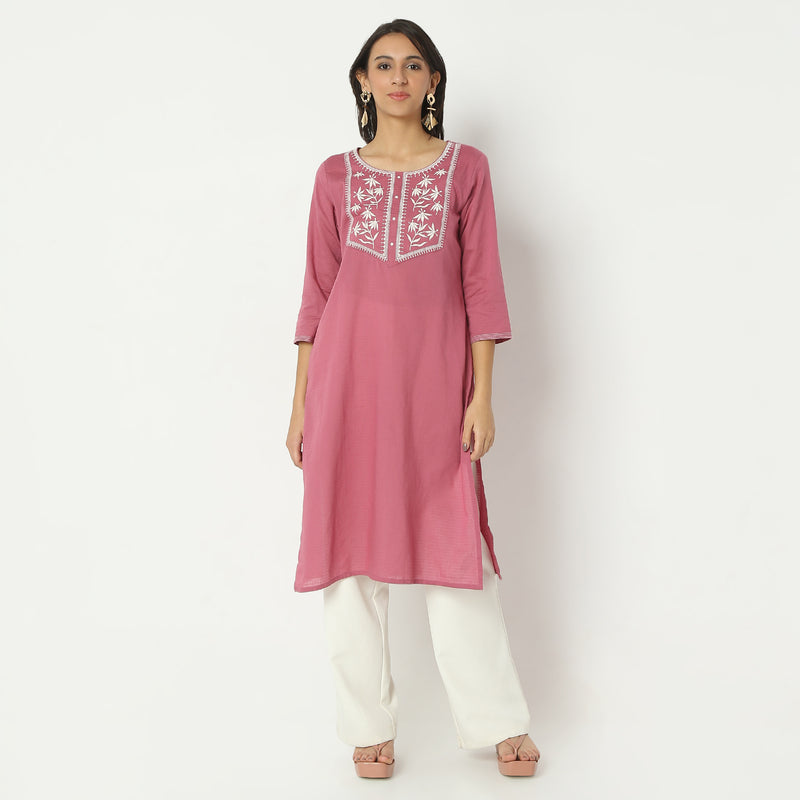 Straight Fit Embroiderd Round Neck Calf Length Kurta