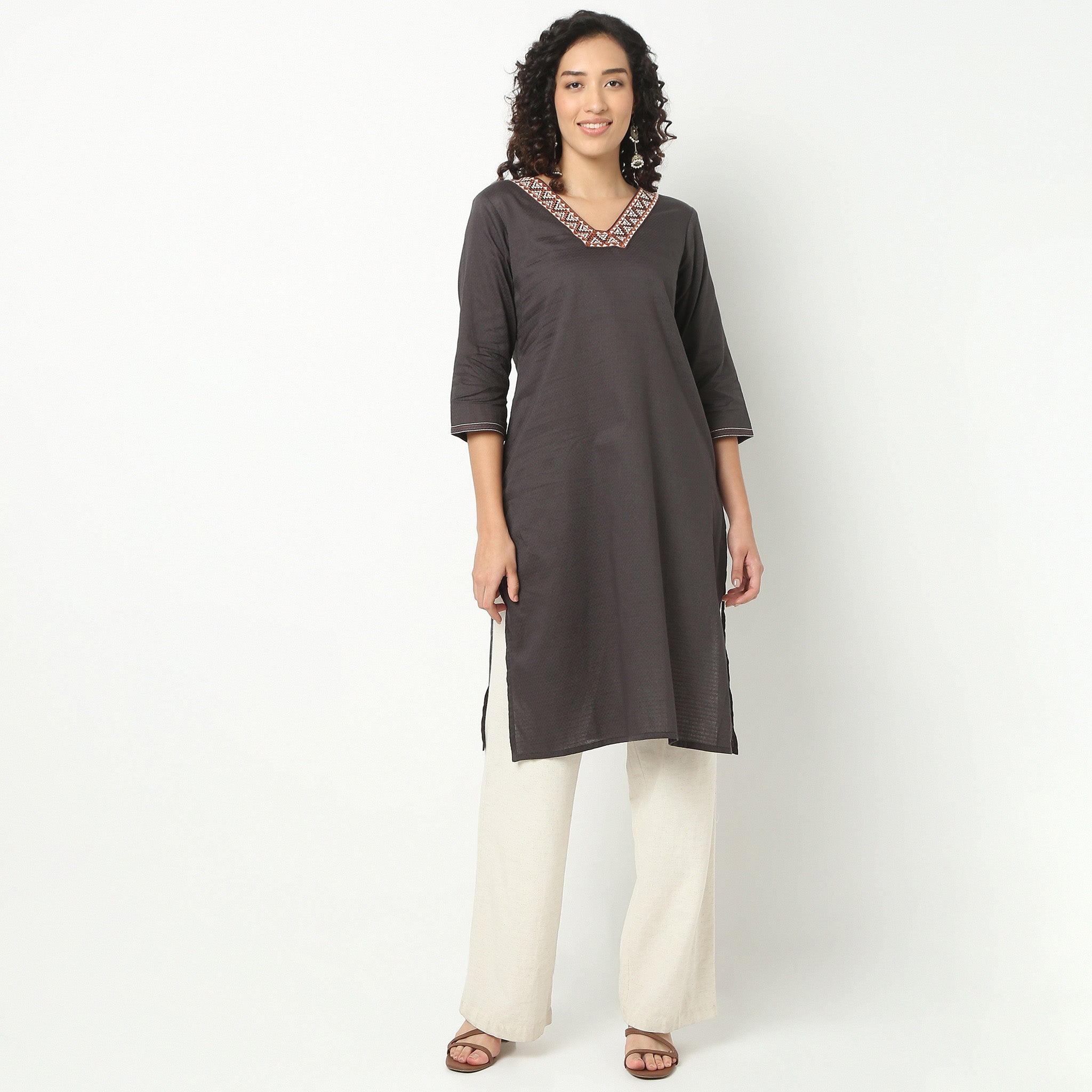 Straight Fit Embroidered Yoke Kurta