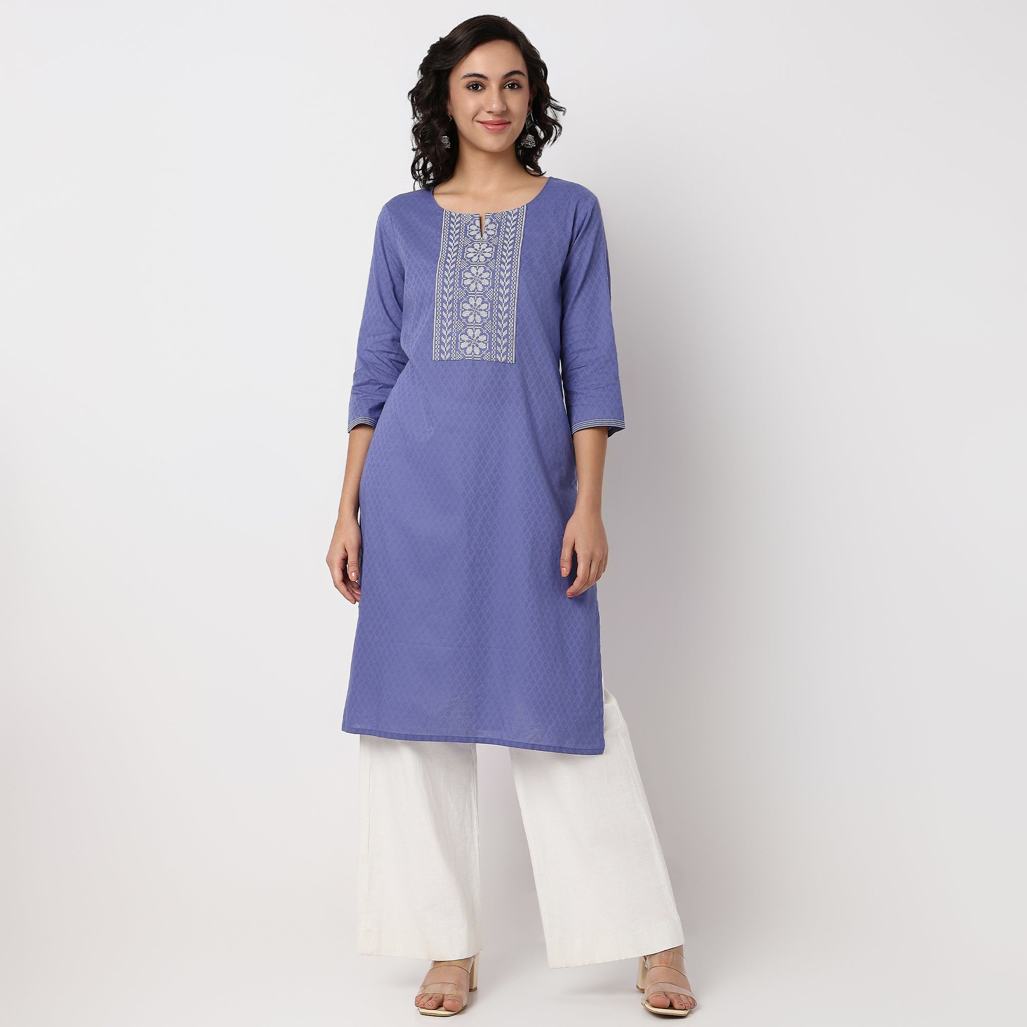 Round Neck Embroidered Yoke Straight Kurta