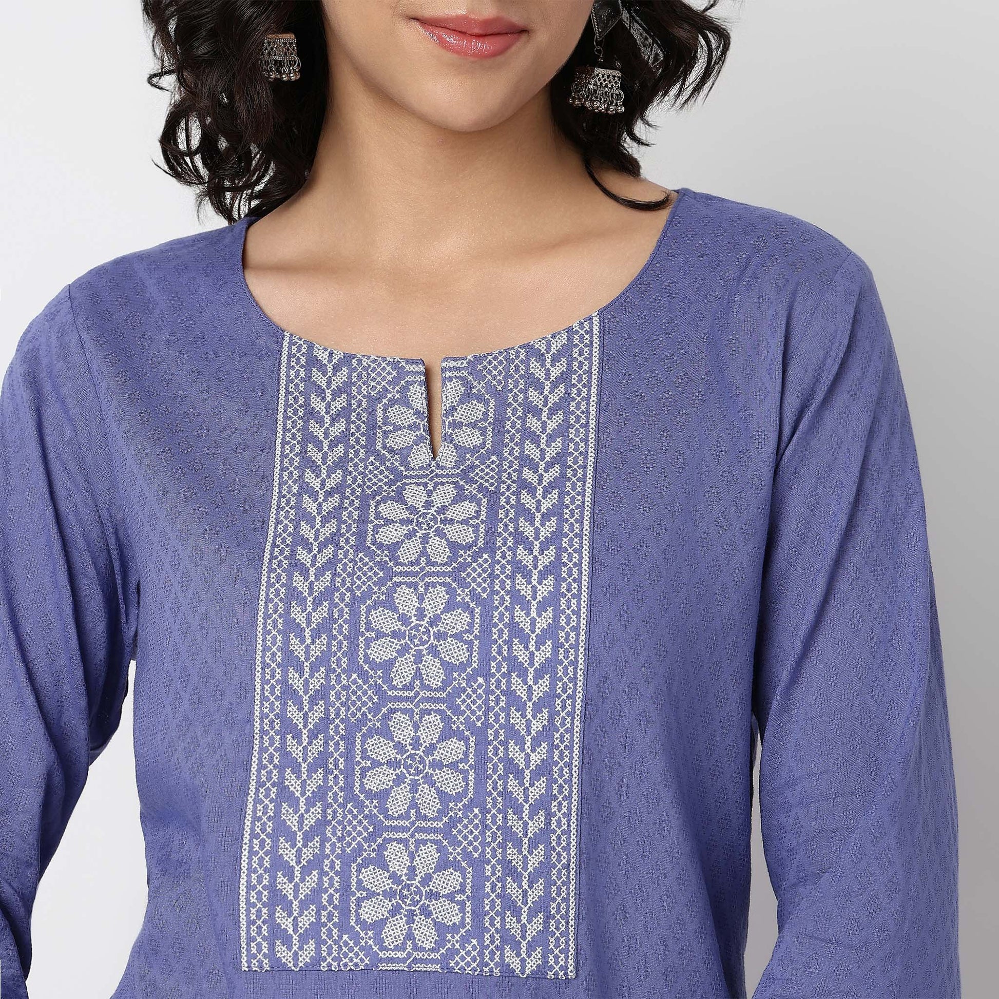 Round Neck Embroidered Yoke Straight Kurta
