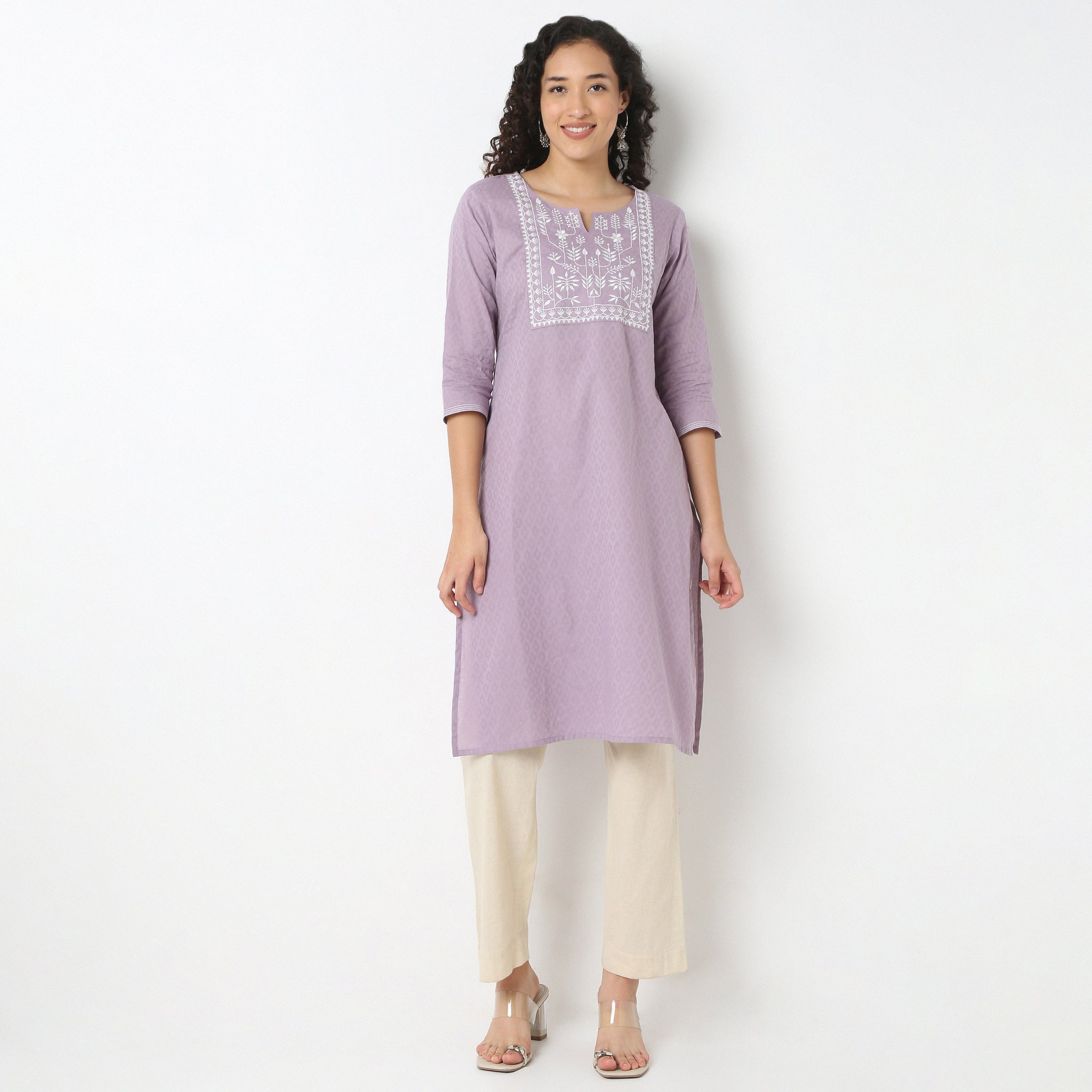 Emebroidered Yoke Kurta-Dobby