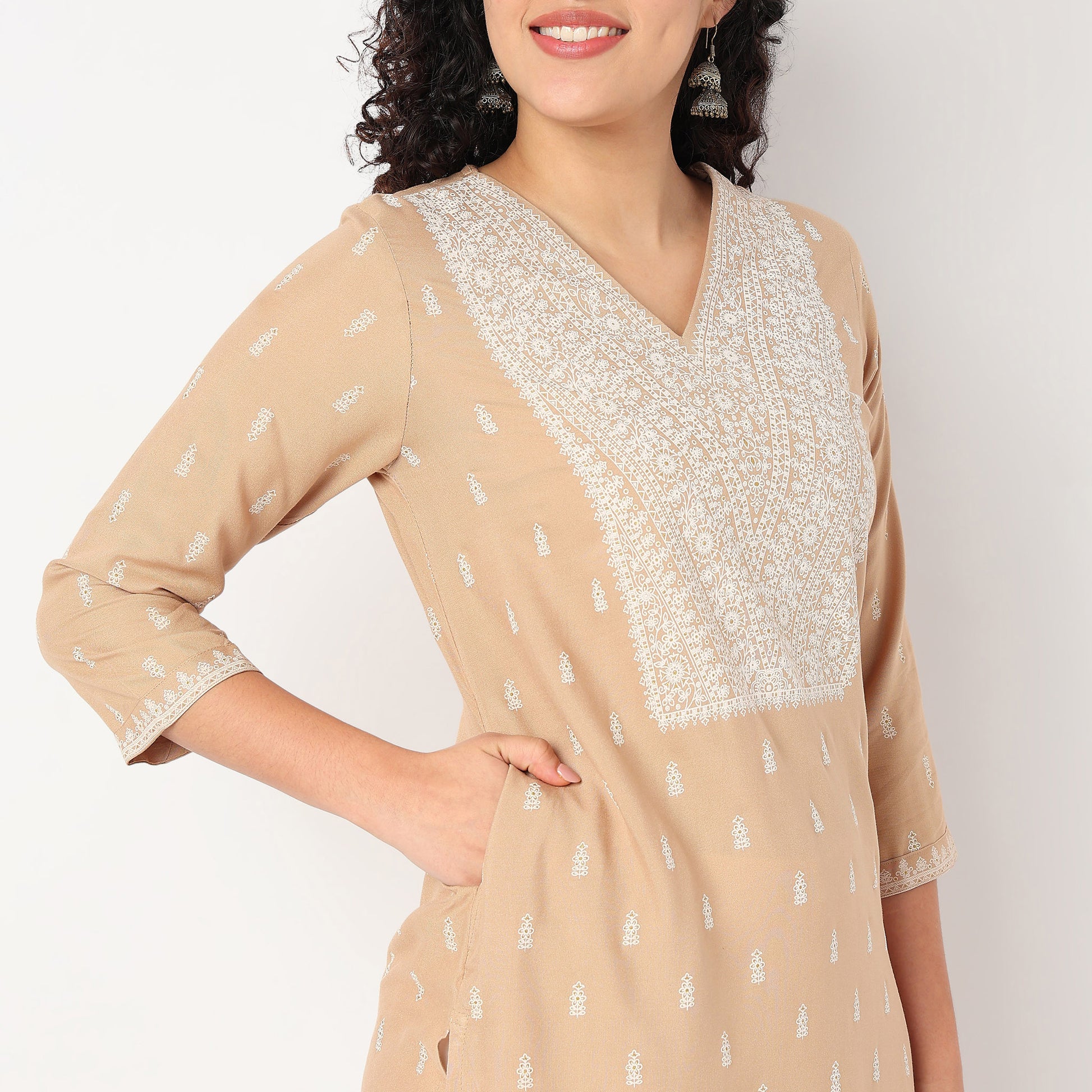 Printed Yoke V-Neck Kurta