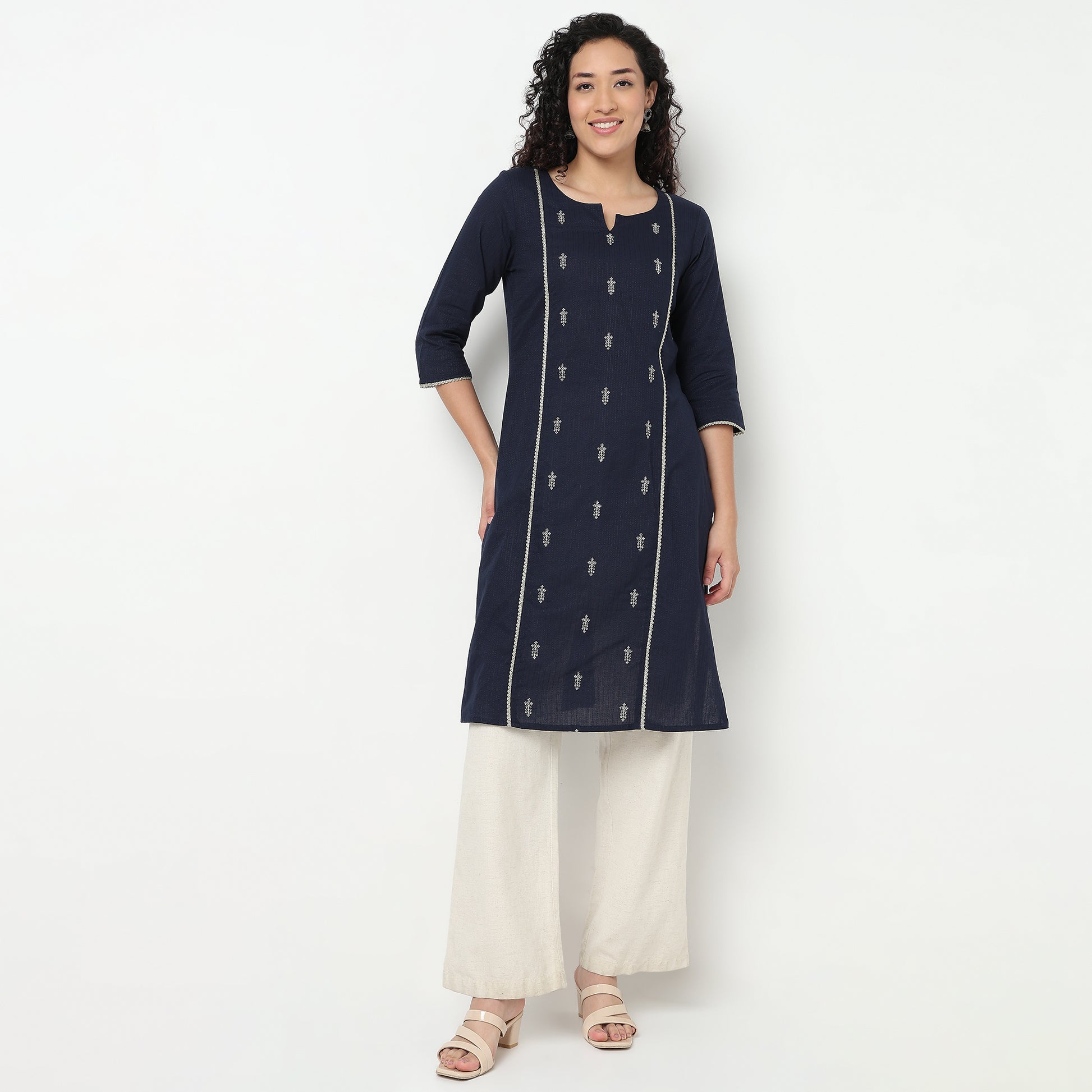 Buy Women Straight Fit Embroidered Three-Fourth Sleeve Kurta  - Style Union