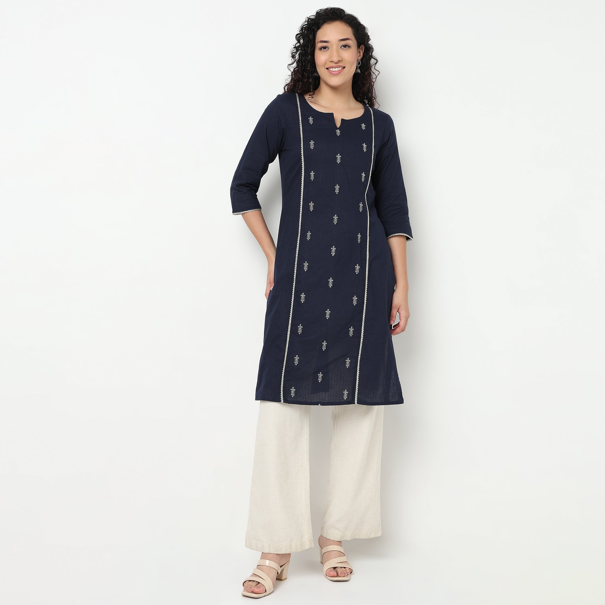 Buy Women Straight Fit Embroidered Three-Fourth Sleeve Kurta  - Style Union