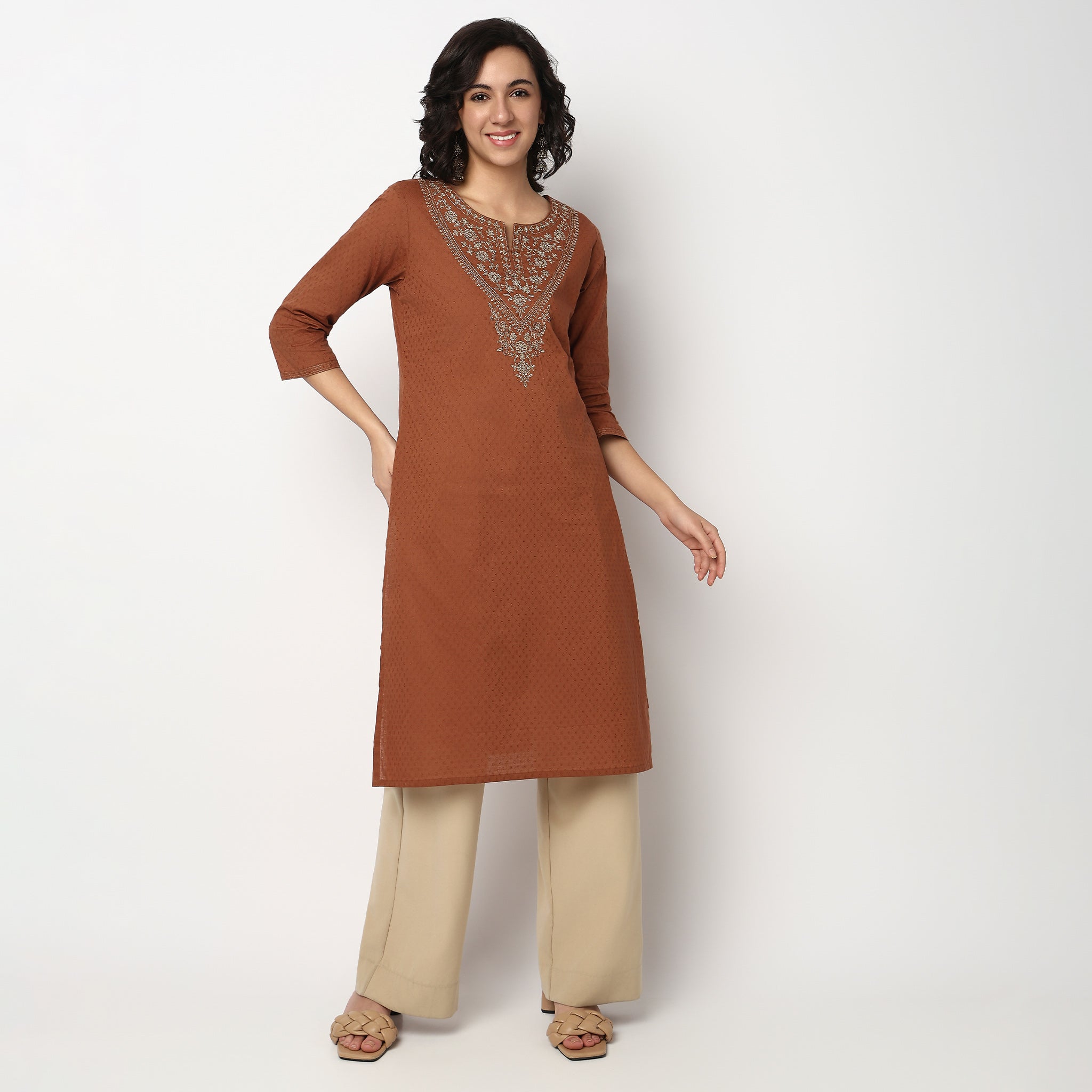 Buy Women Straight Fit Embroidered Three-Fourth Sleeve Kurta  - Style Union