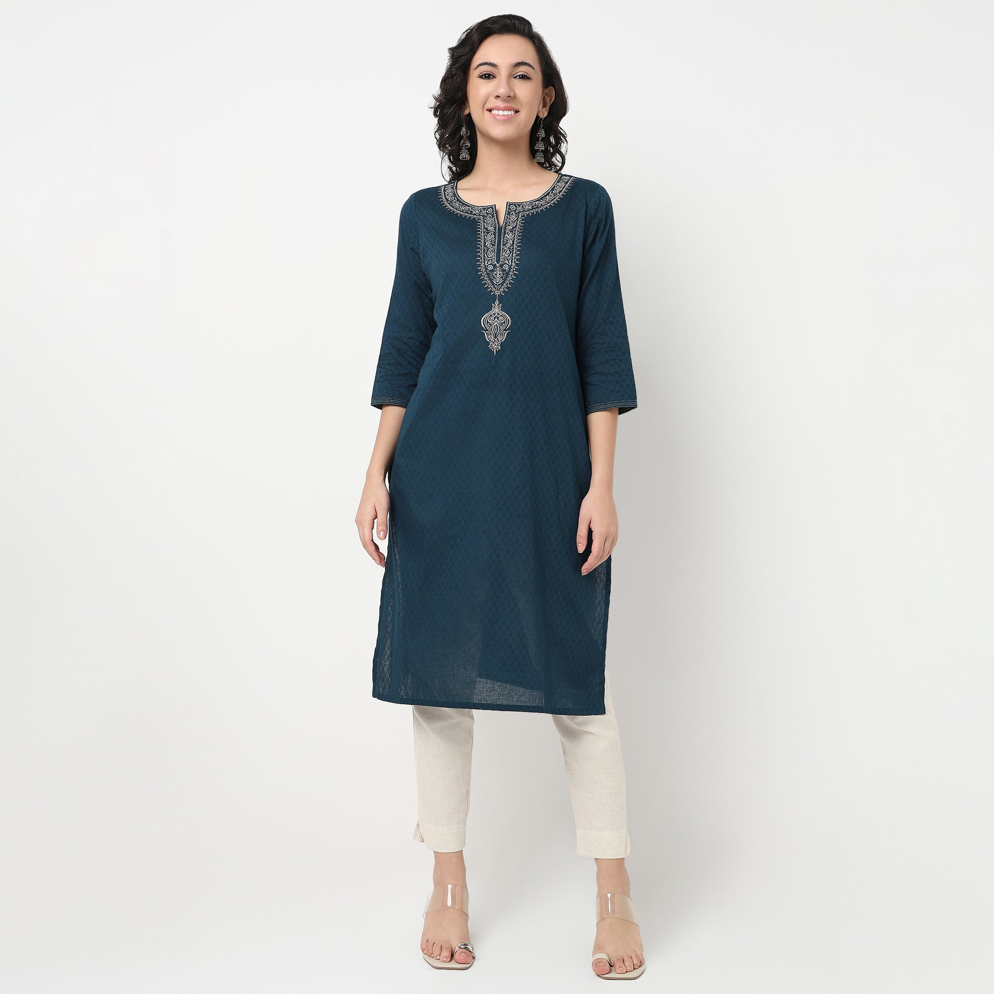 Order Now Women Embroidered Round Neck Straight Fit Ethnic Wear Kurta by Style Union