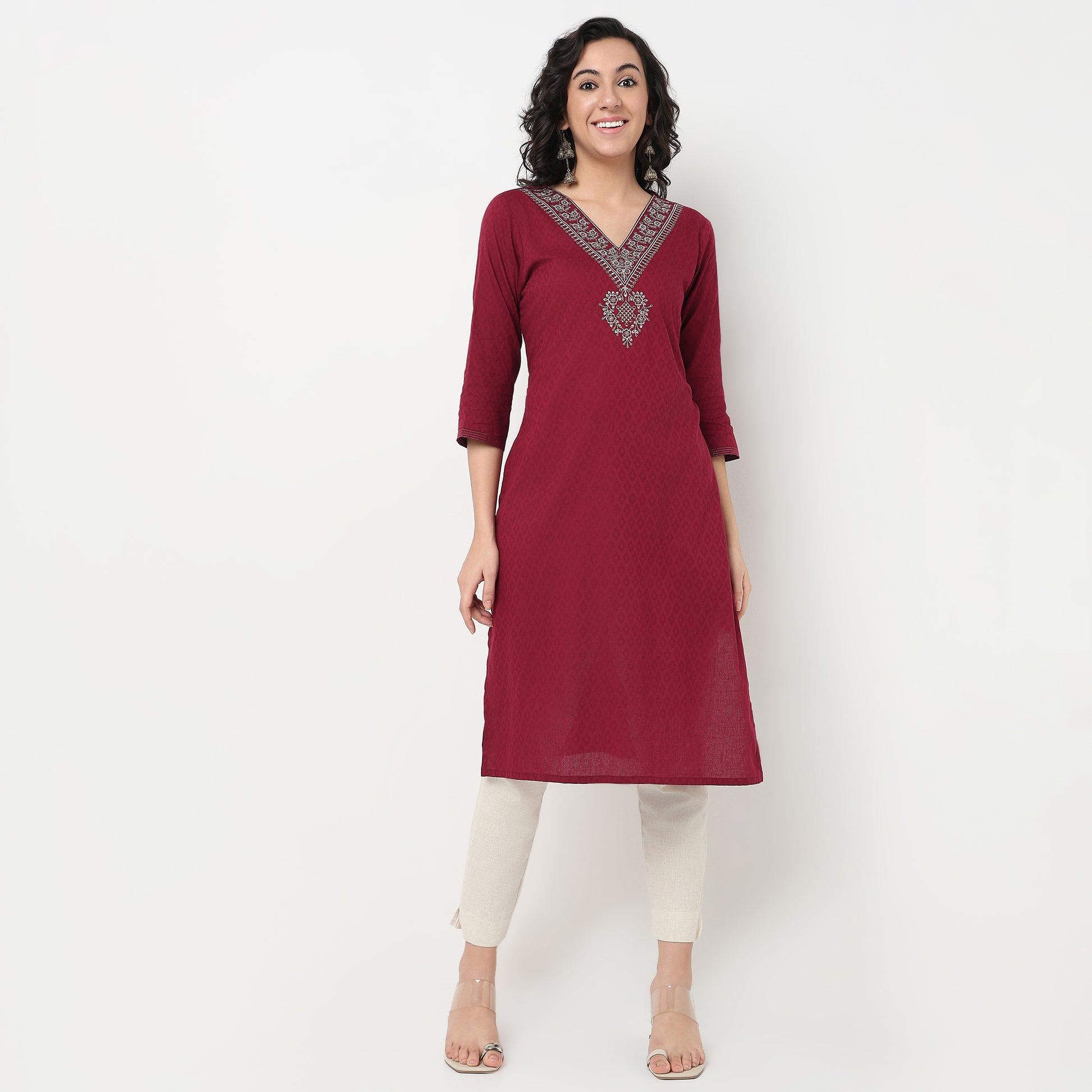 Order Now Women Embroidered V Neck Straight Fit Ethnic Wear Kurta by Style Union