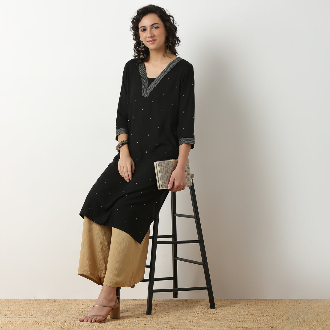 V-Neck With Gusset & Couching Long Kurta