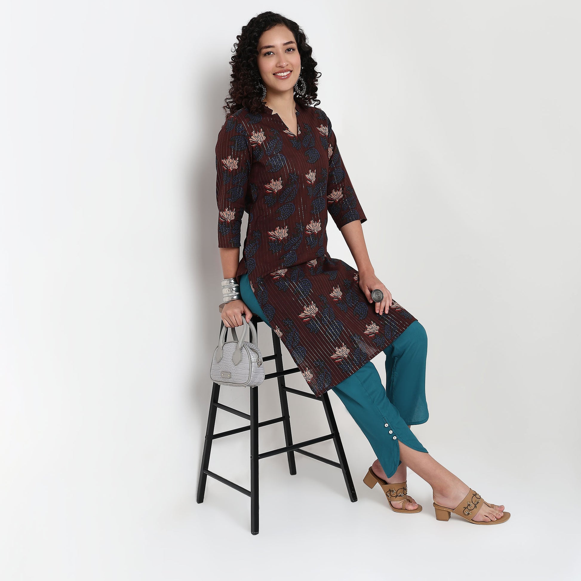 V-Neck With Notch Collar Floral Print Kurta