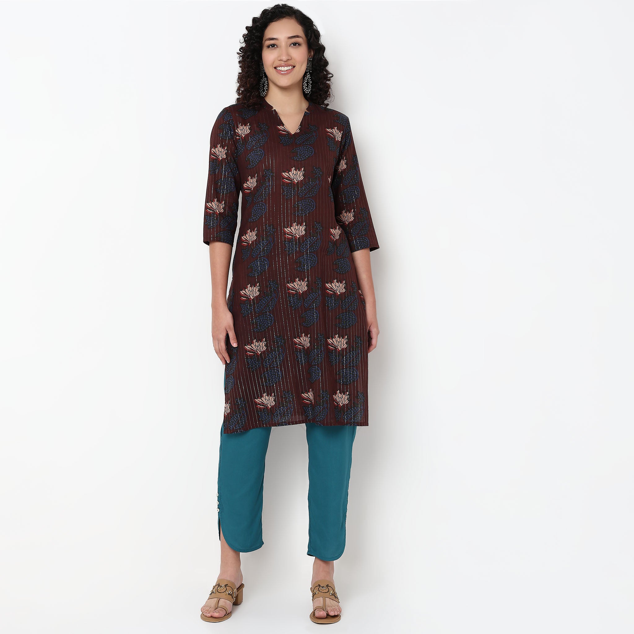 V-Neck With Notch Collar Floral Print Kurta