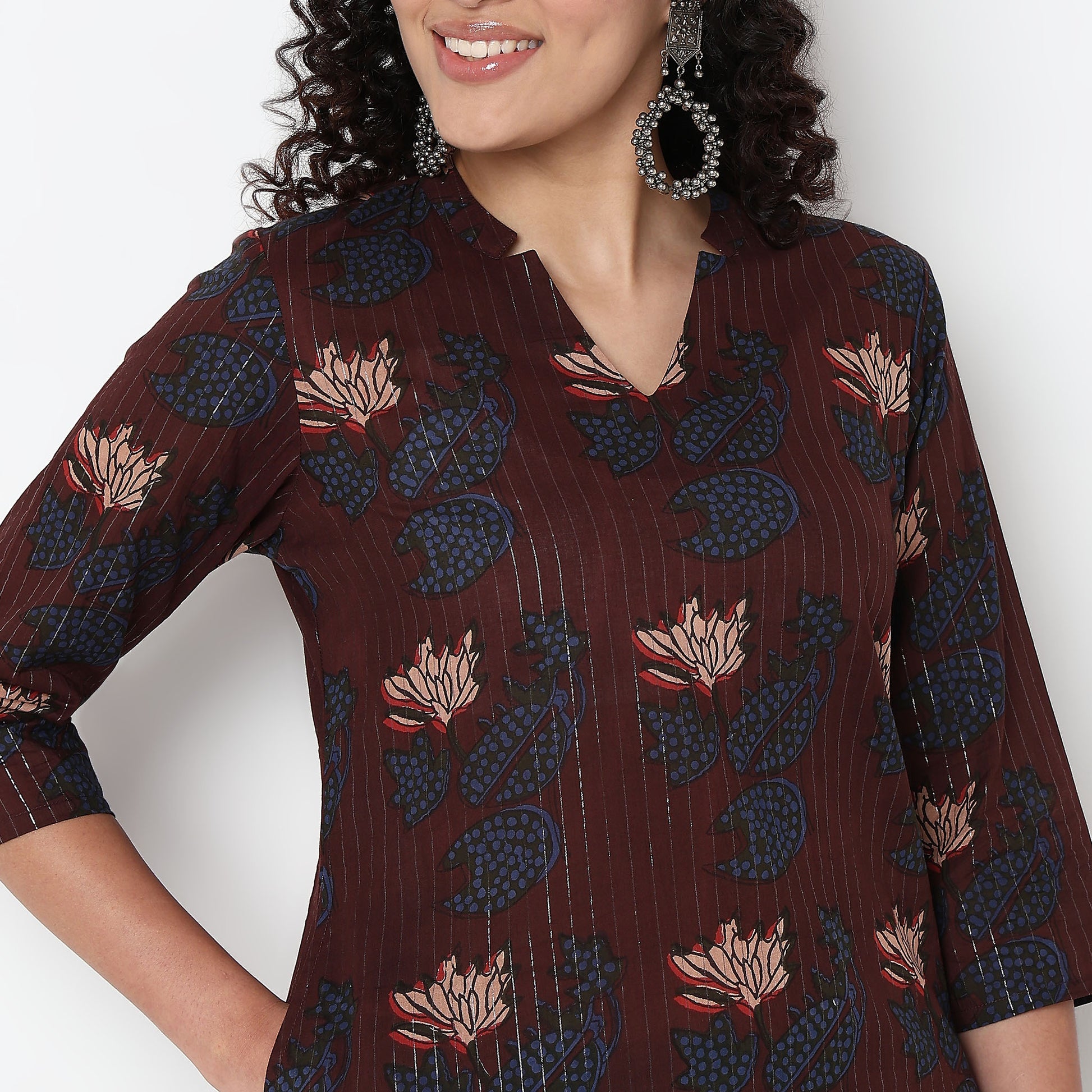 V-Neck With Notch Collar Floral Print Kurta