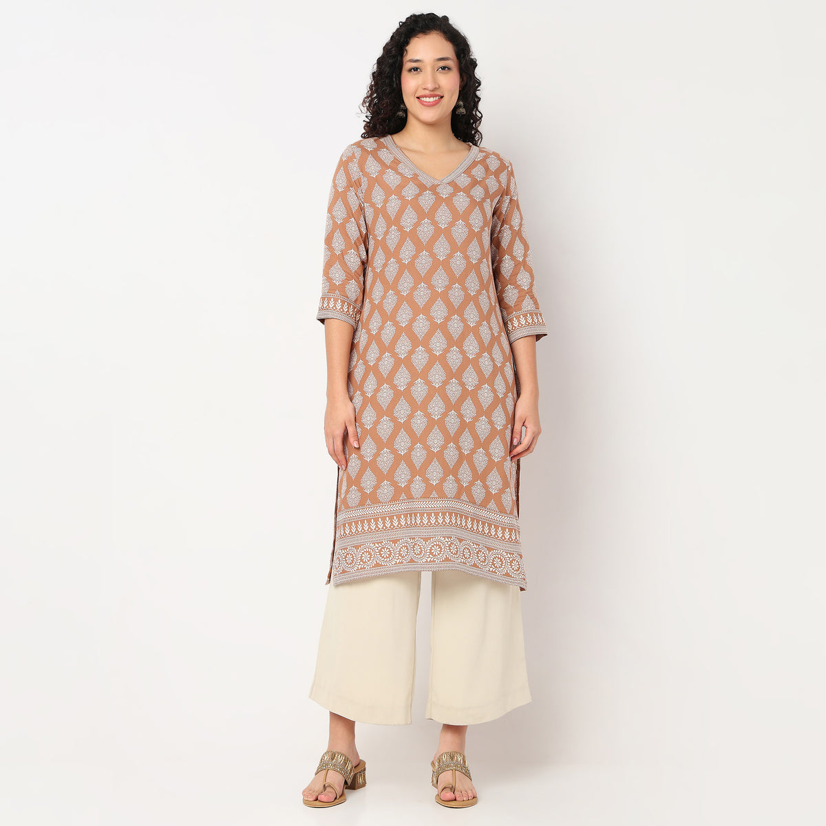 V-Neck Printed Long Kurta