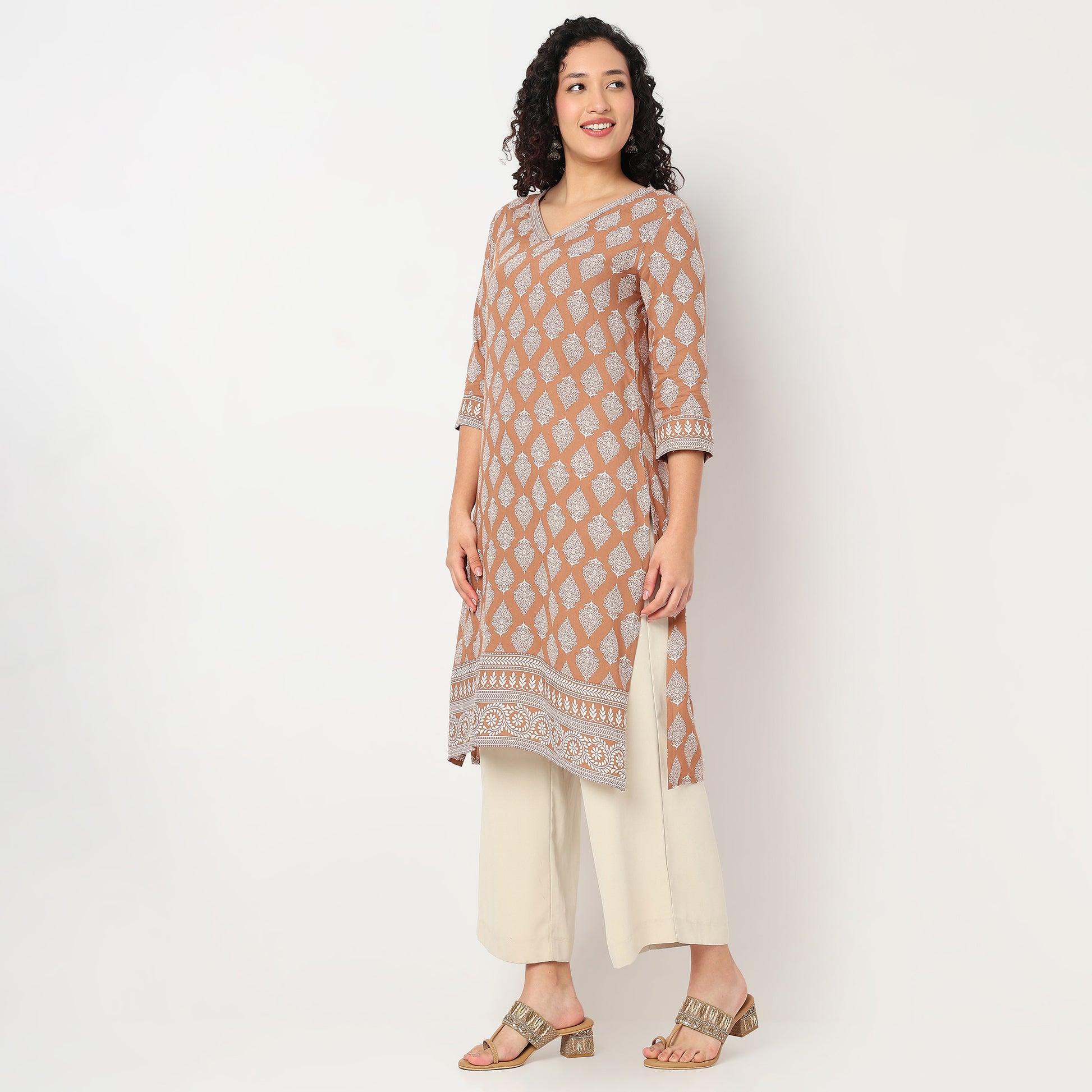 V-Neck Printed Long Kurta