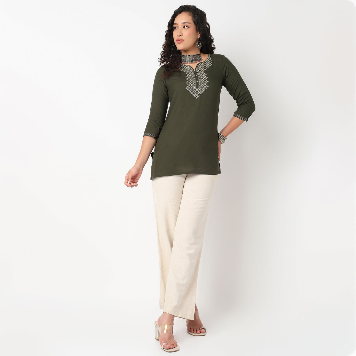 Embroidered Yoke Short Kurti