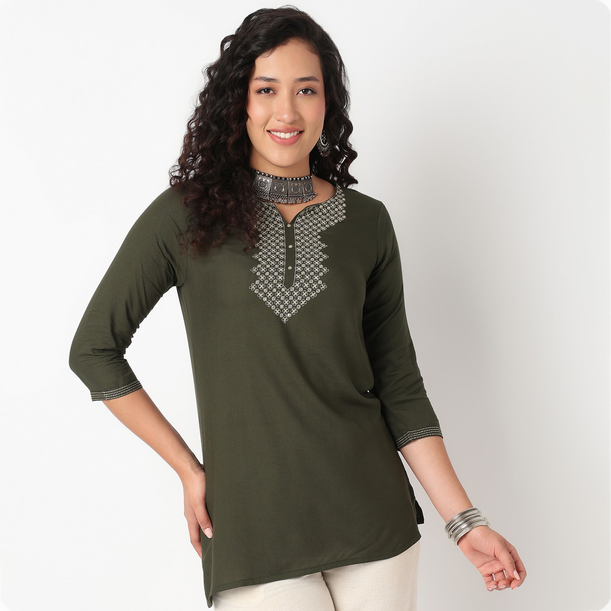 Embroidered Yoke Short Kurti