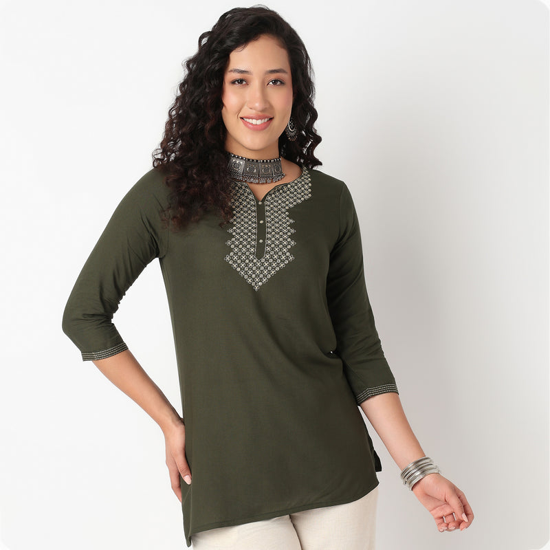 Embroidered Yoke Short Kurti