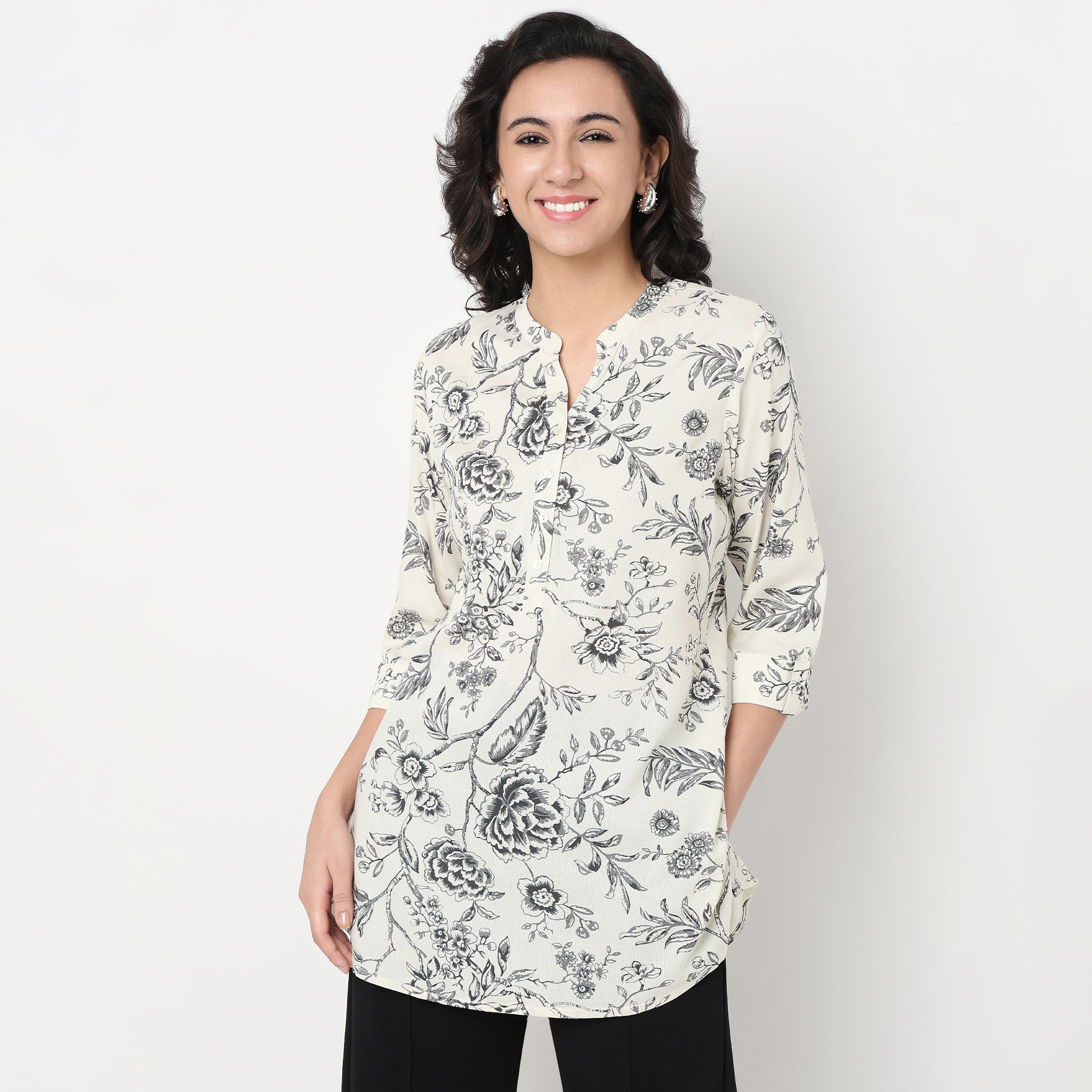 Order Now Women Printed Band Neck Straight Fit Ethnic Wear Short Kurti by Style Union