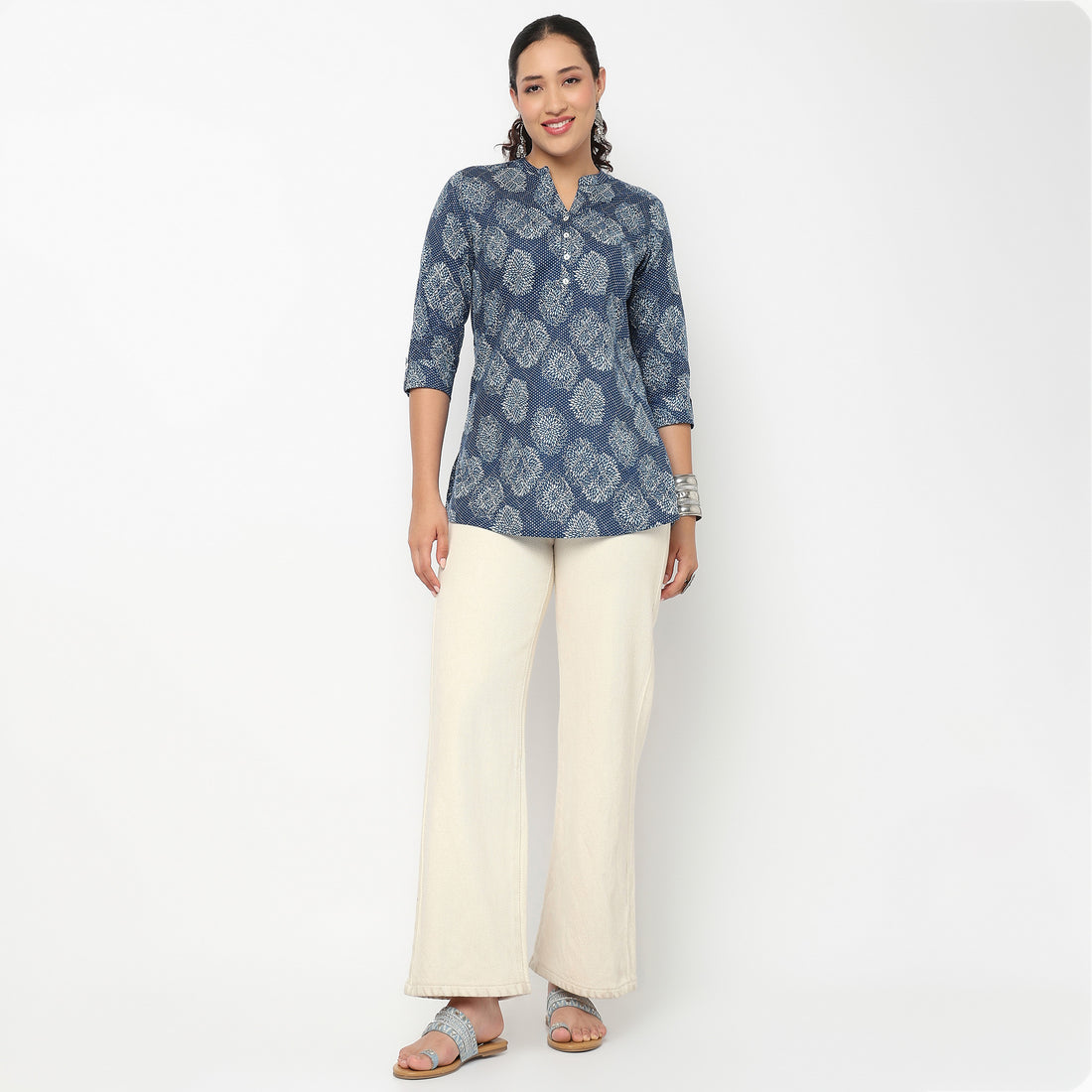 Half Placket Printed Short Kurti