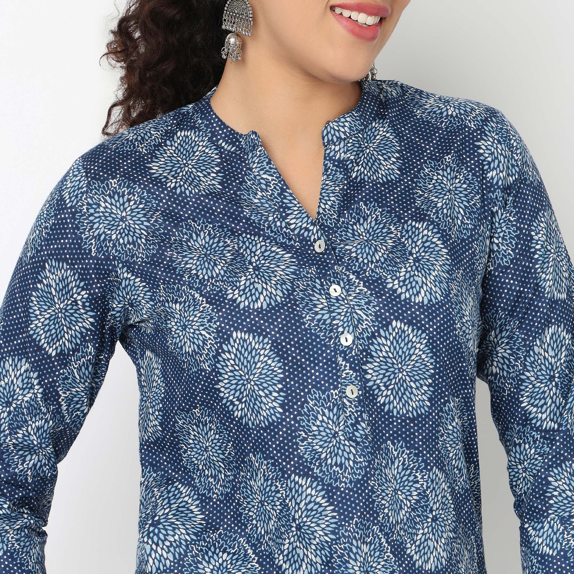 Half Placket Printed Short Kurti