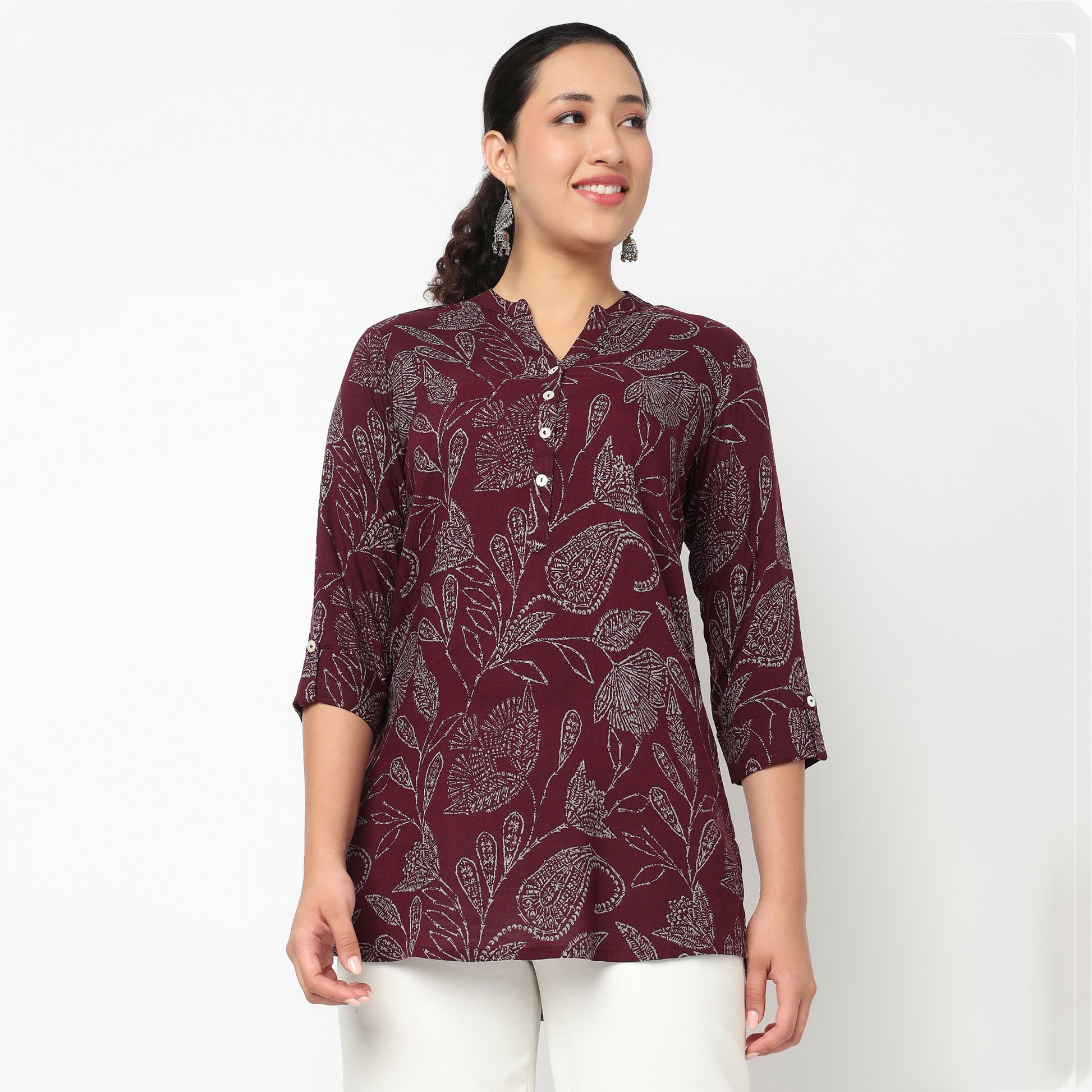 Printed Band Neck Short Kurti