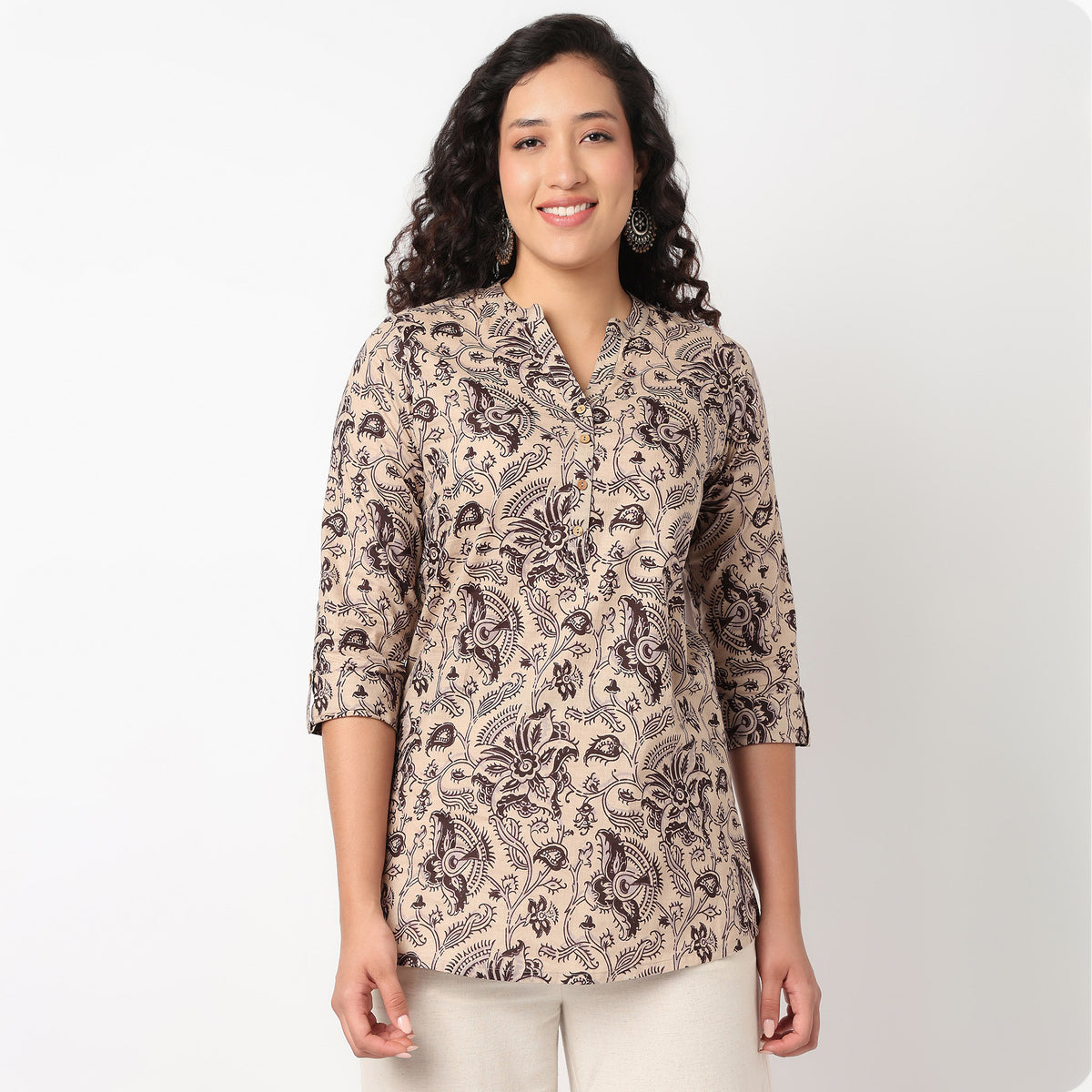 Half Placket Printed Short Kurti