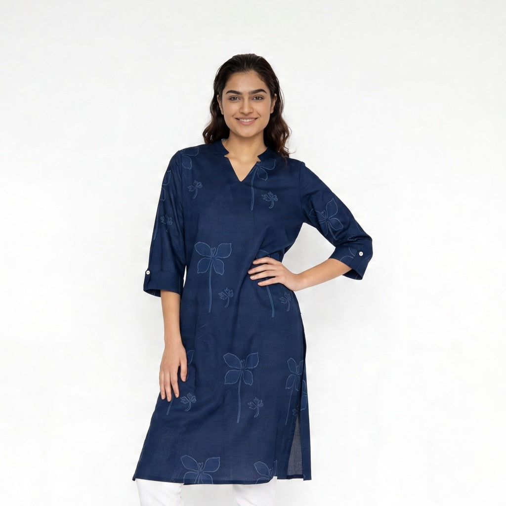 Cotton Printed V-Neck Long Kurta
