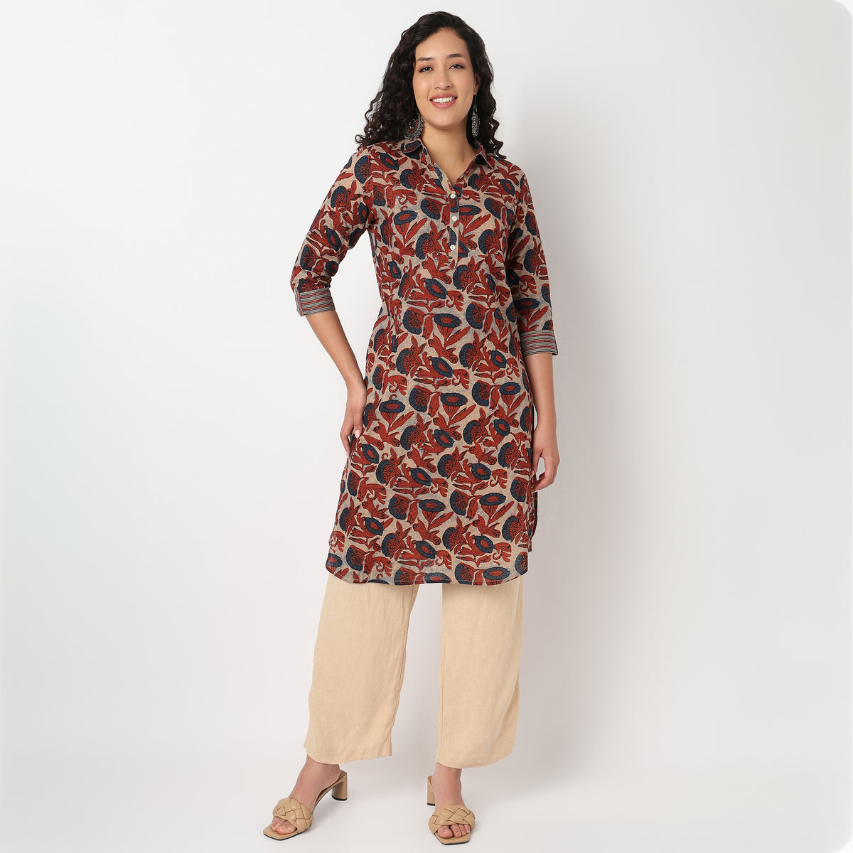 Half Placket Printed Cambric Long Kurta