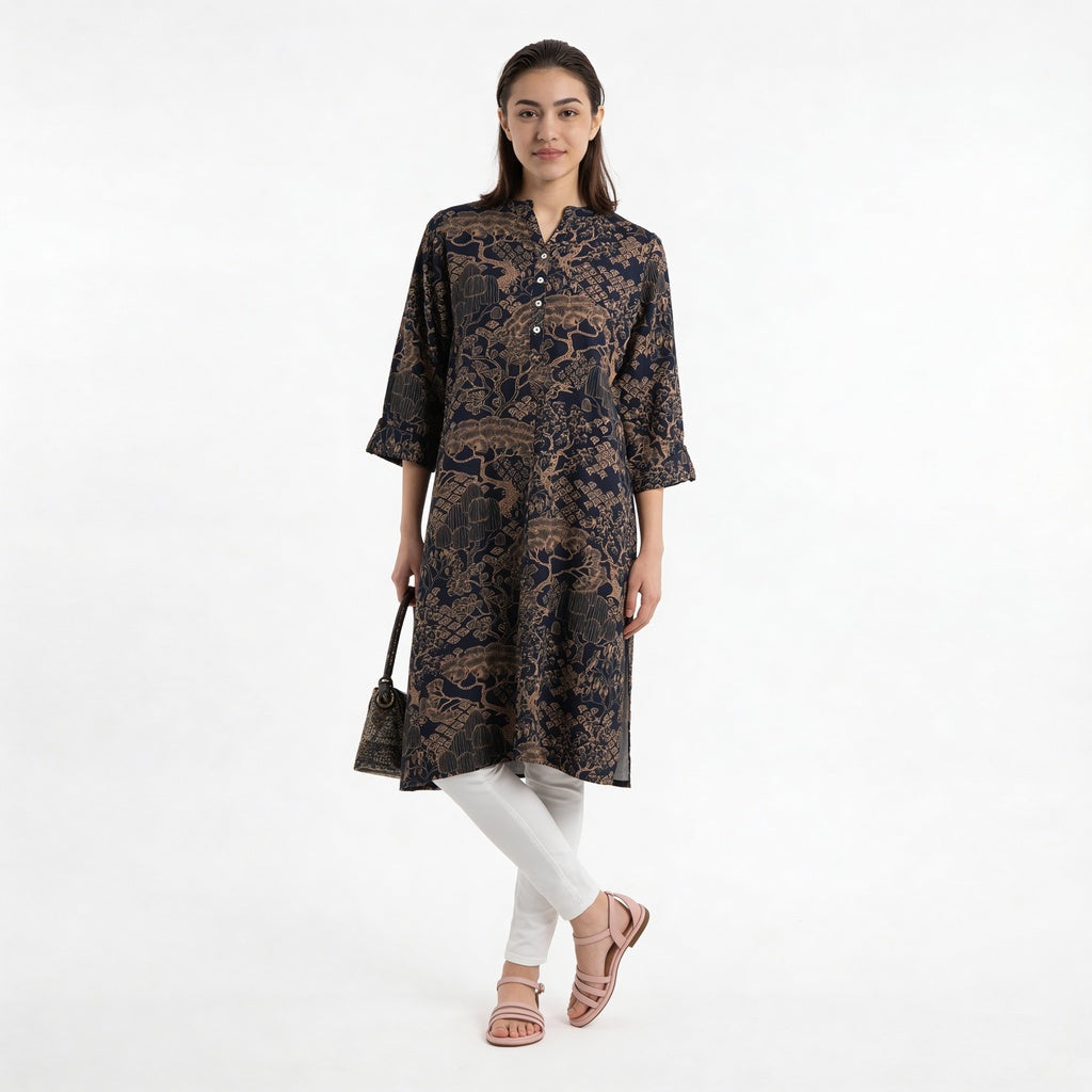Half Placket Printed Long Kurta
