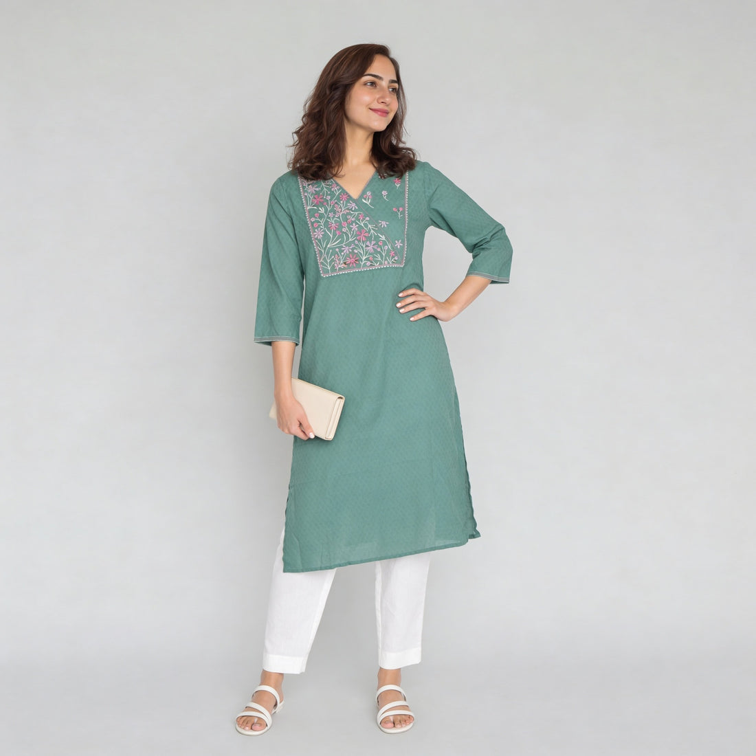 Cotton Solid Three-Fourth Sleeve Kurta