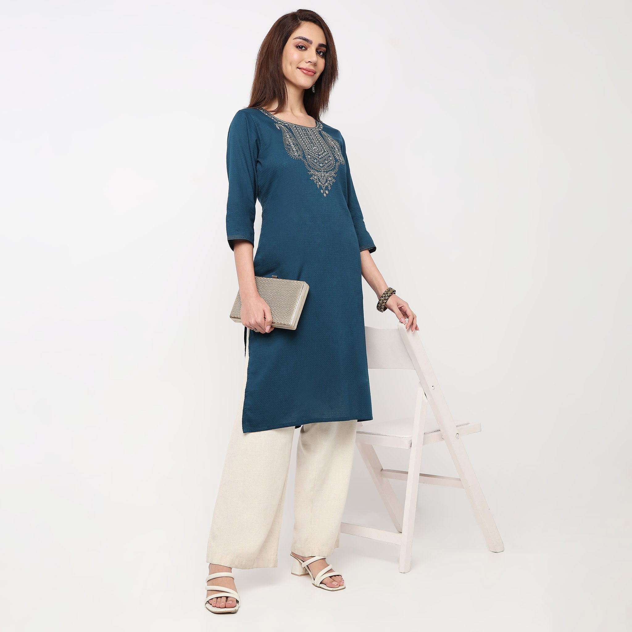Embroidered Yoke Long Kurta 