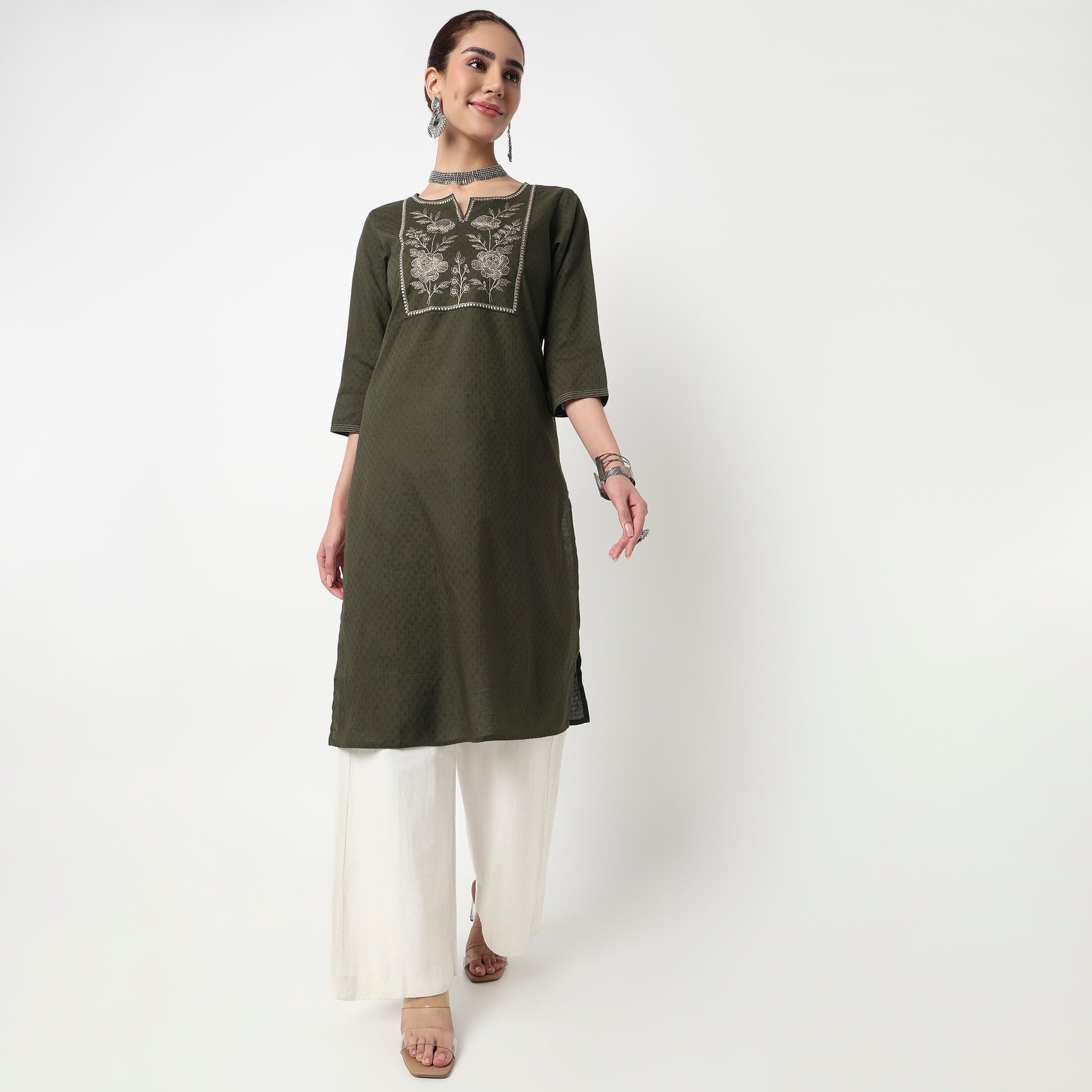 Embroidered Yoke Long Kurta