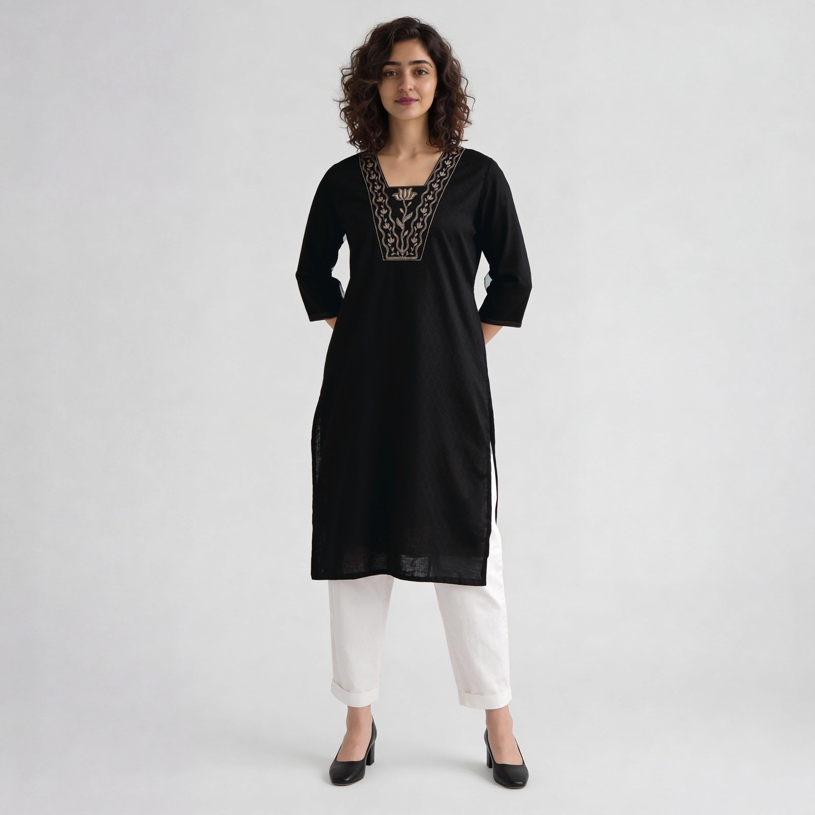 Cotton Solid Three-Fourth Sleeve Kurta