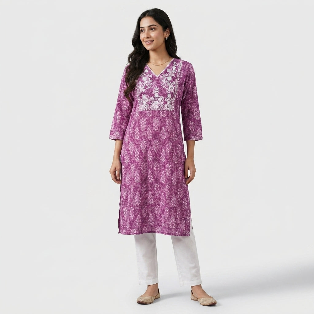 Cotton Printed V-Neck Long Kurta