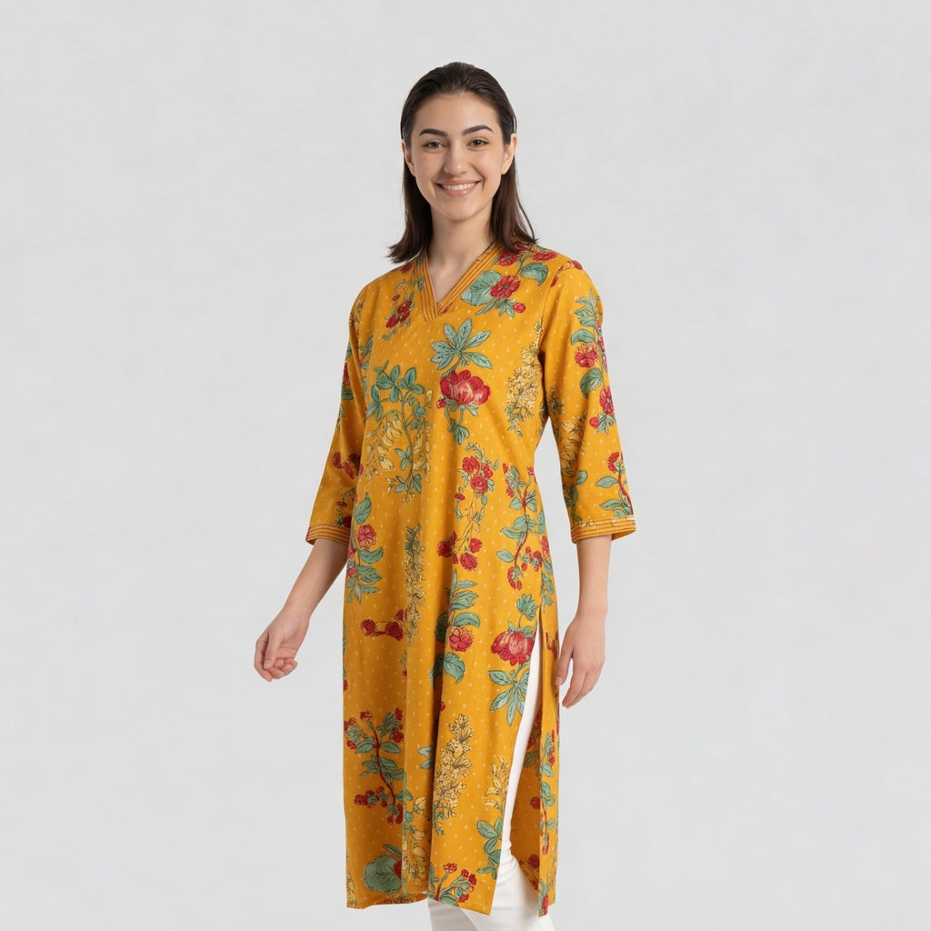 V-Neck Printed Long Kurta