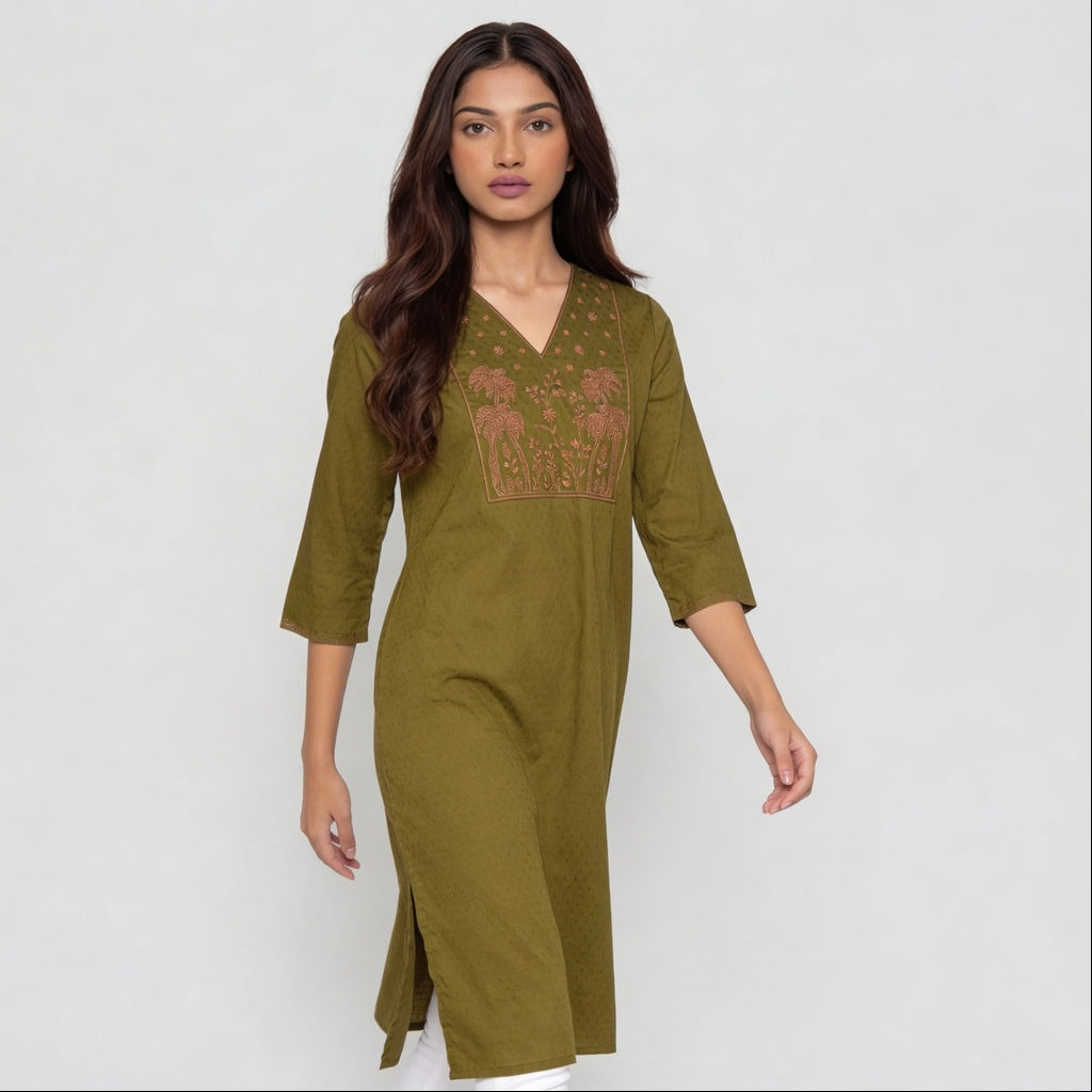 Cotton Embroidered V-Neck Kurta