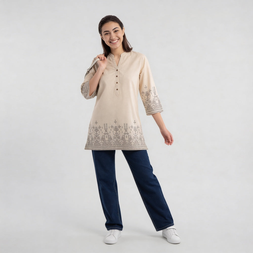 Printed V-Neck Straight Short Kurta