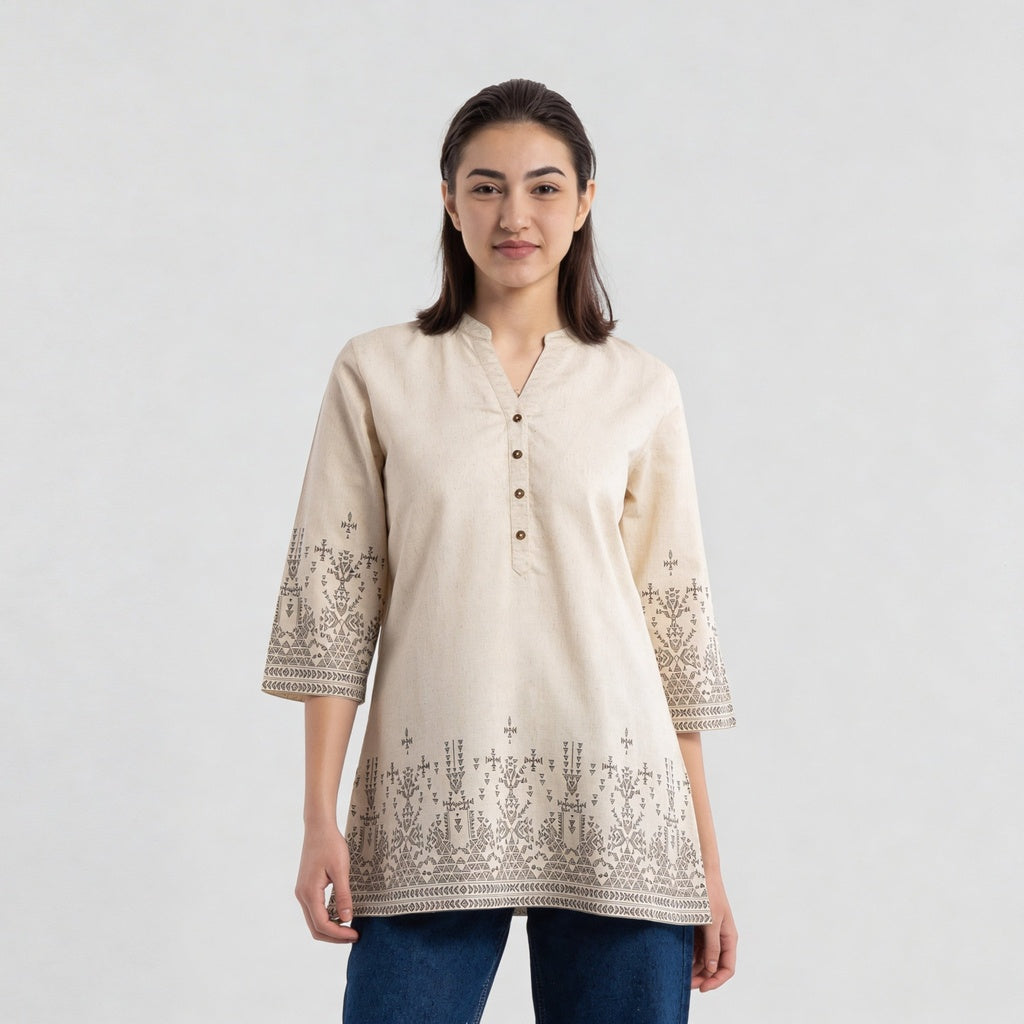 Printed V-Neck Straight Short Kurta