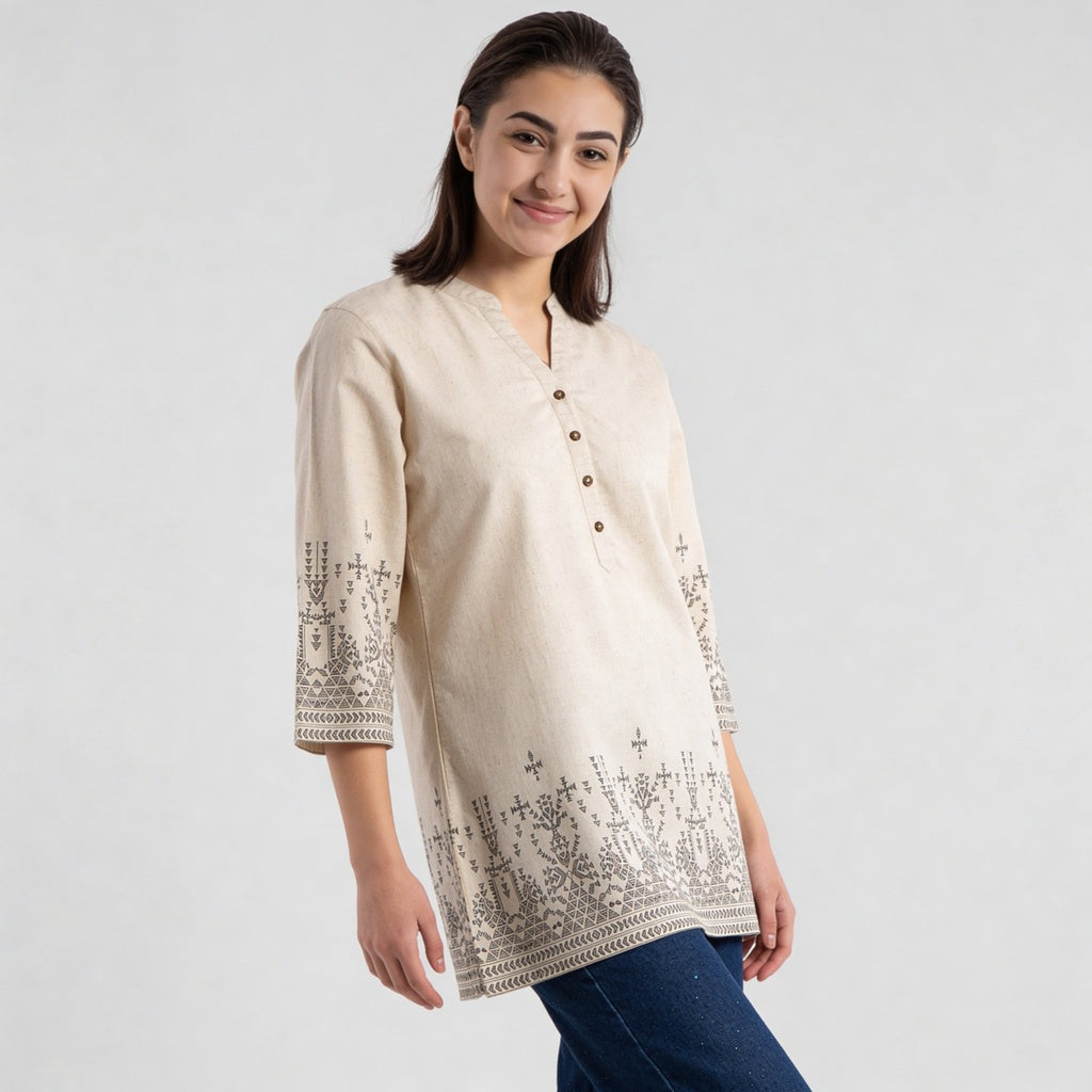 Printed V-Neck Straight Short Kurta
