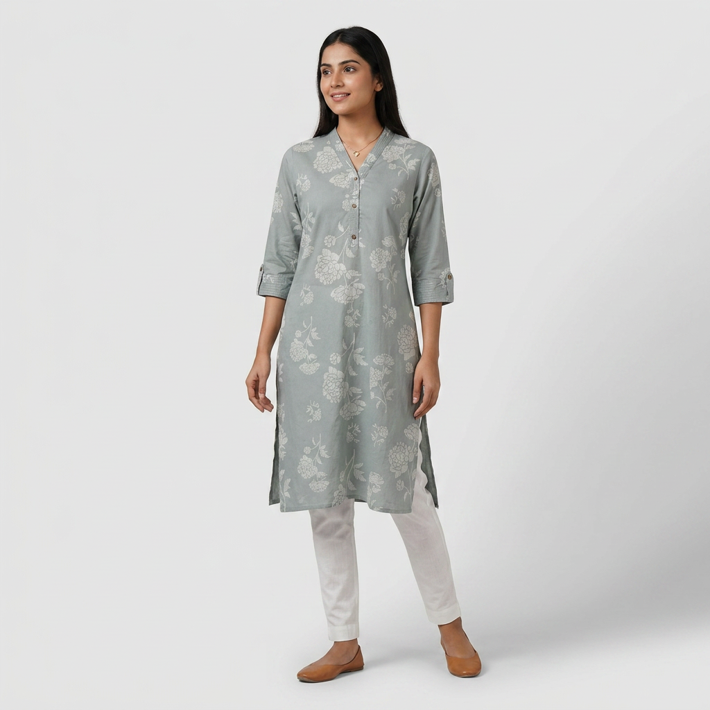 Printed V-Neck Long Kurta