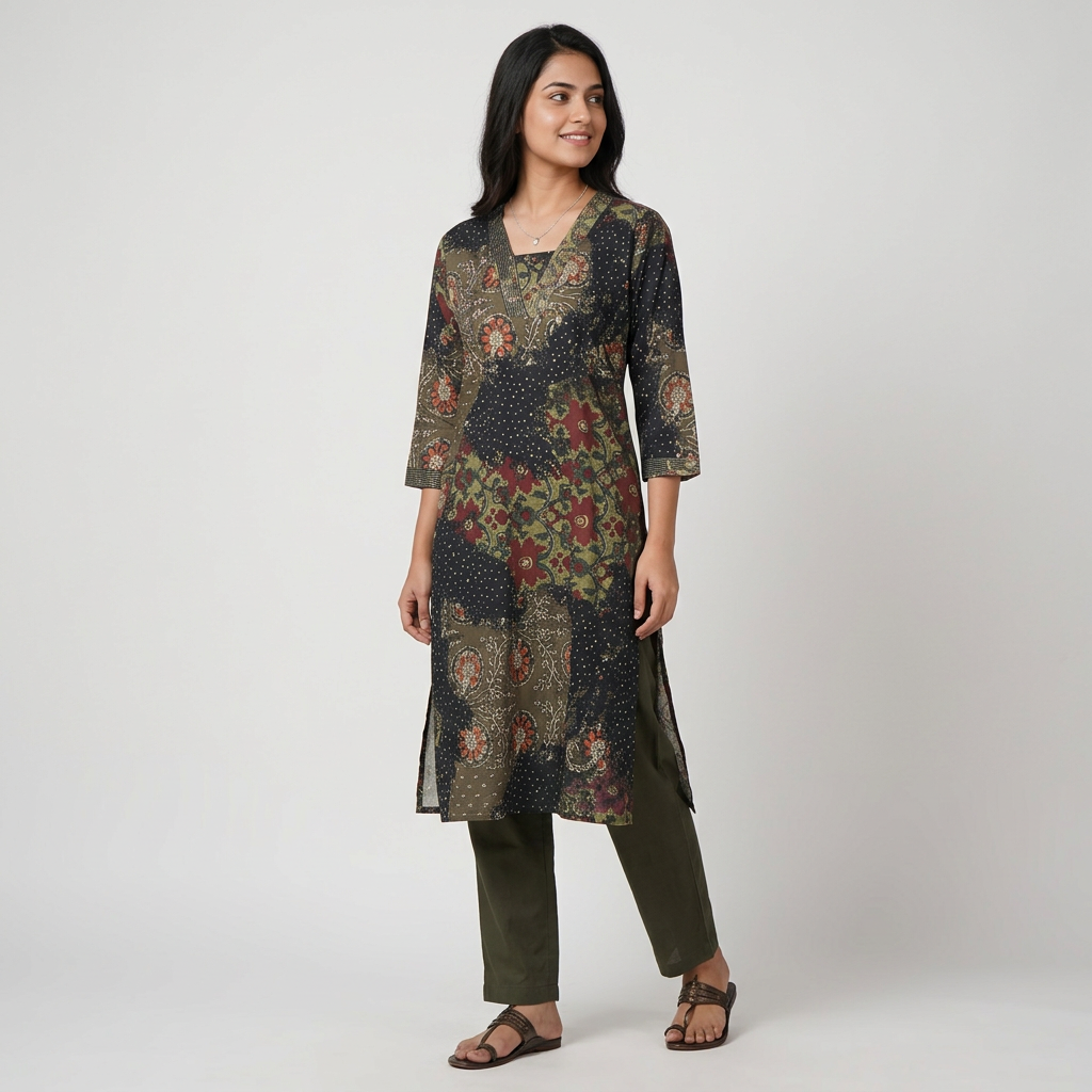 Printed V-Neck With Gusset Long Kurta