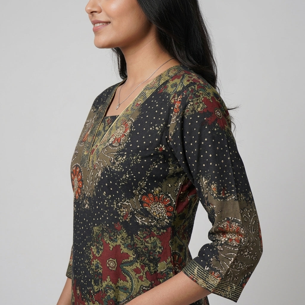 Printed V-Neck With Gusset Long Kurta