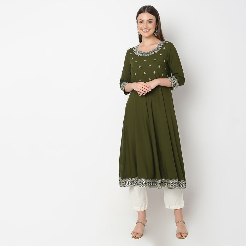 Flare Fit Embroidered Kurta